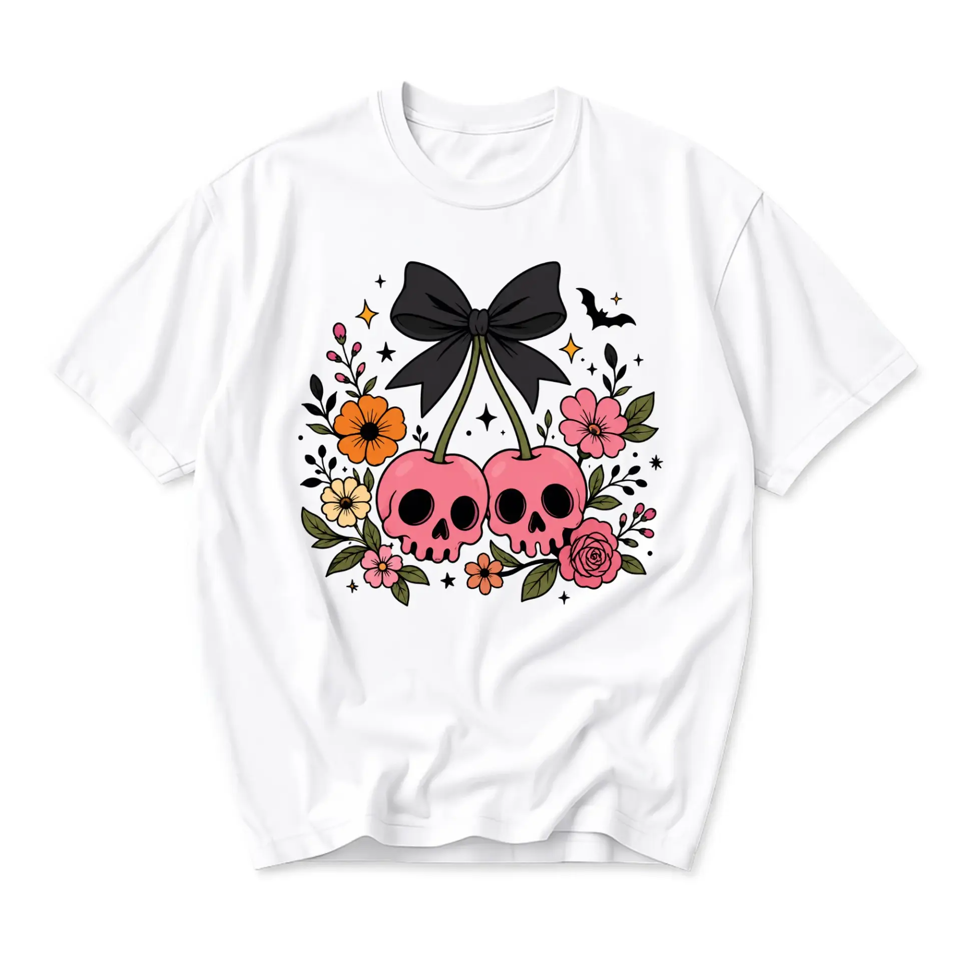 Graphic Tee Skull Cherry Bow Aesthetic Shirt Casual Unisex Cotton Blend Short Sleeve Crew Neck Top for Everyday Wear