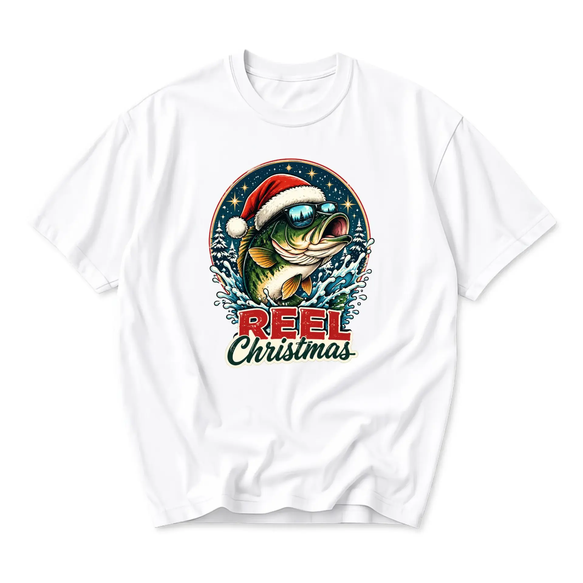 Funny Shirt Reel Christmas Fishing Graphic Tee Holiday Season Crew Neck