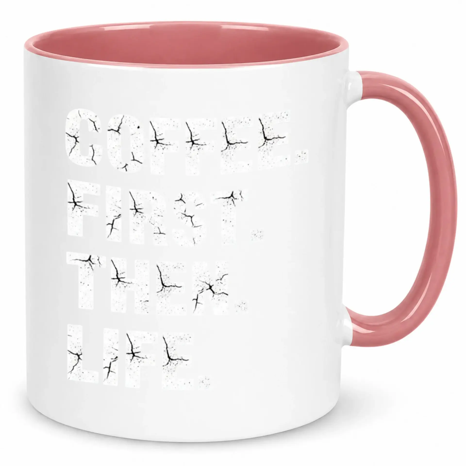 Funny Coffee Mug with Distressed "coffee First. Then Life." Quote White Ceramic Drinkware for Morning Beverage Enjoyment Unique Gift Idea