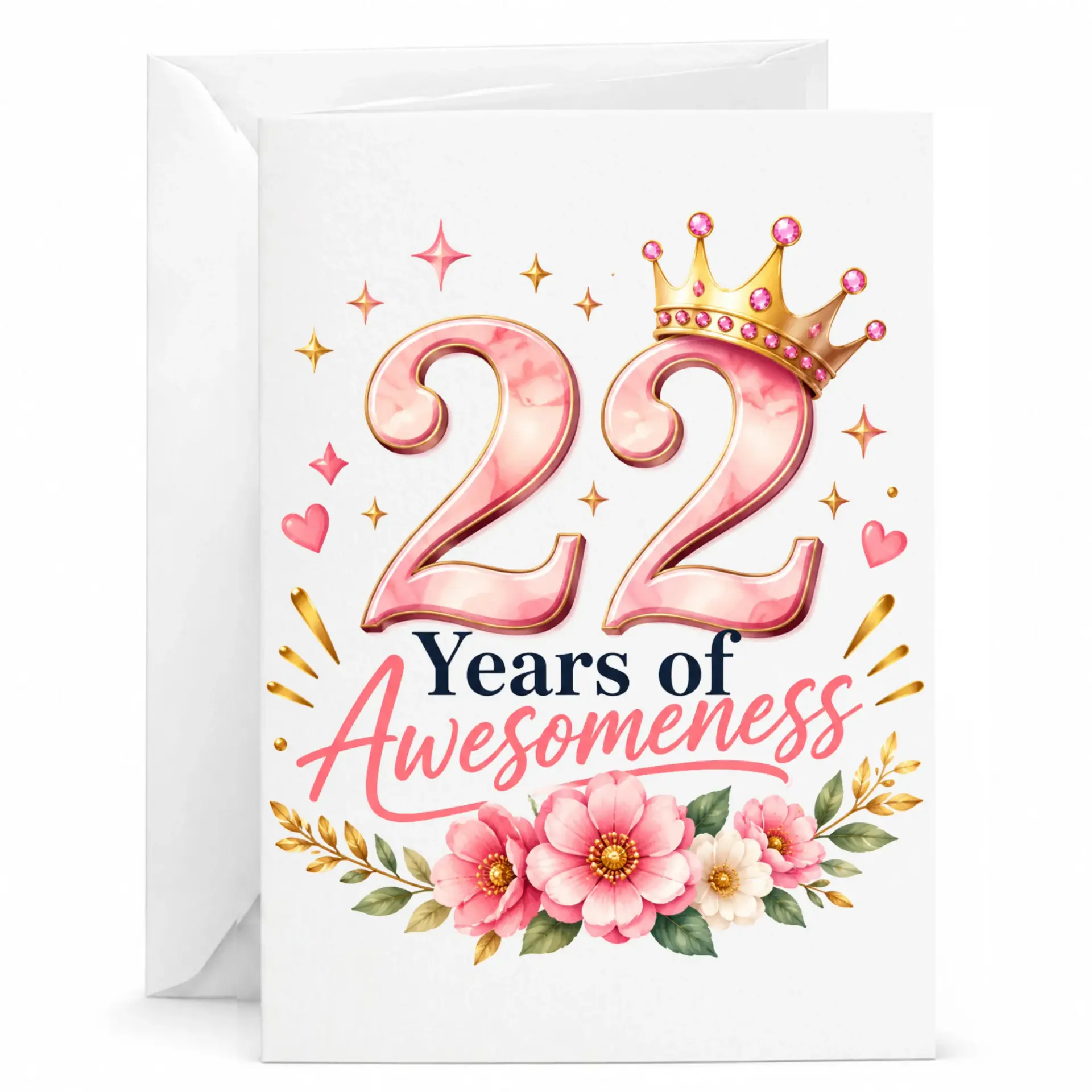 Birthday Card 22 Years of Awesomeness Floral Crown Design Elegant Twenty Second Anniversary Greeting Card for Milestone