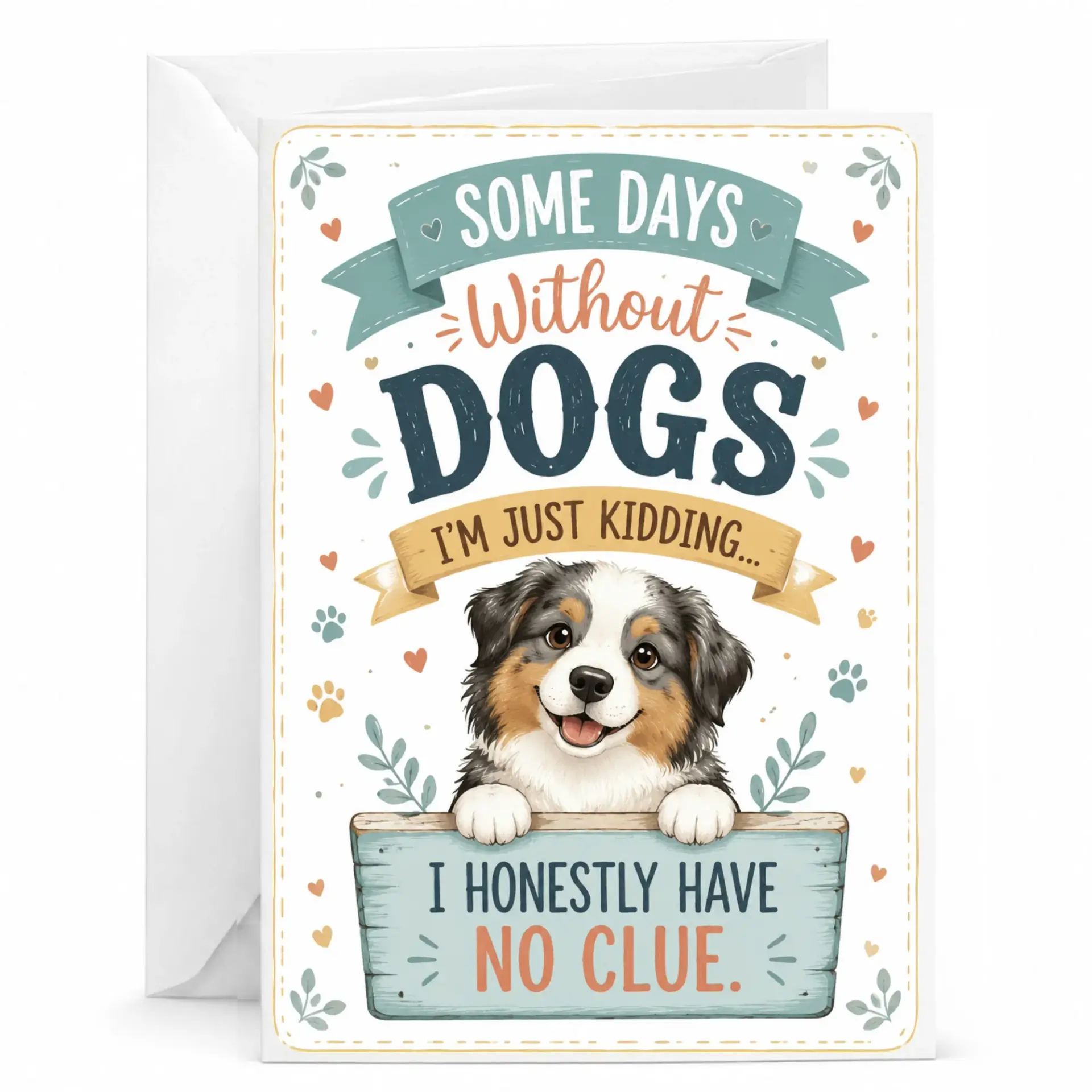 Funny Dog Greeting Card for Pet Lovers Cute Australian Shepherd Puppy Illustration with Humorous 5x7