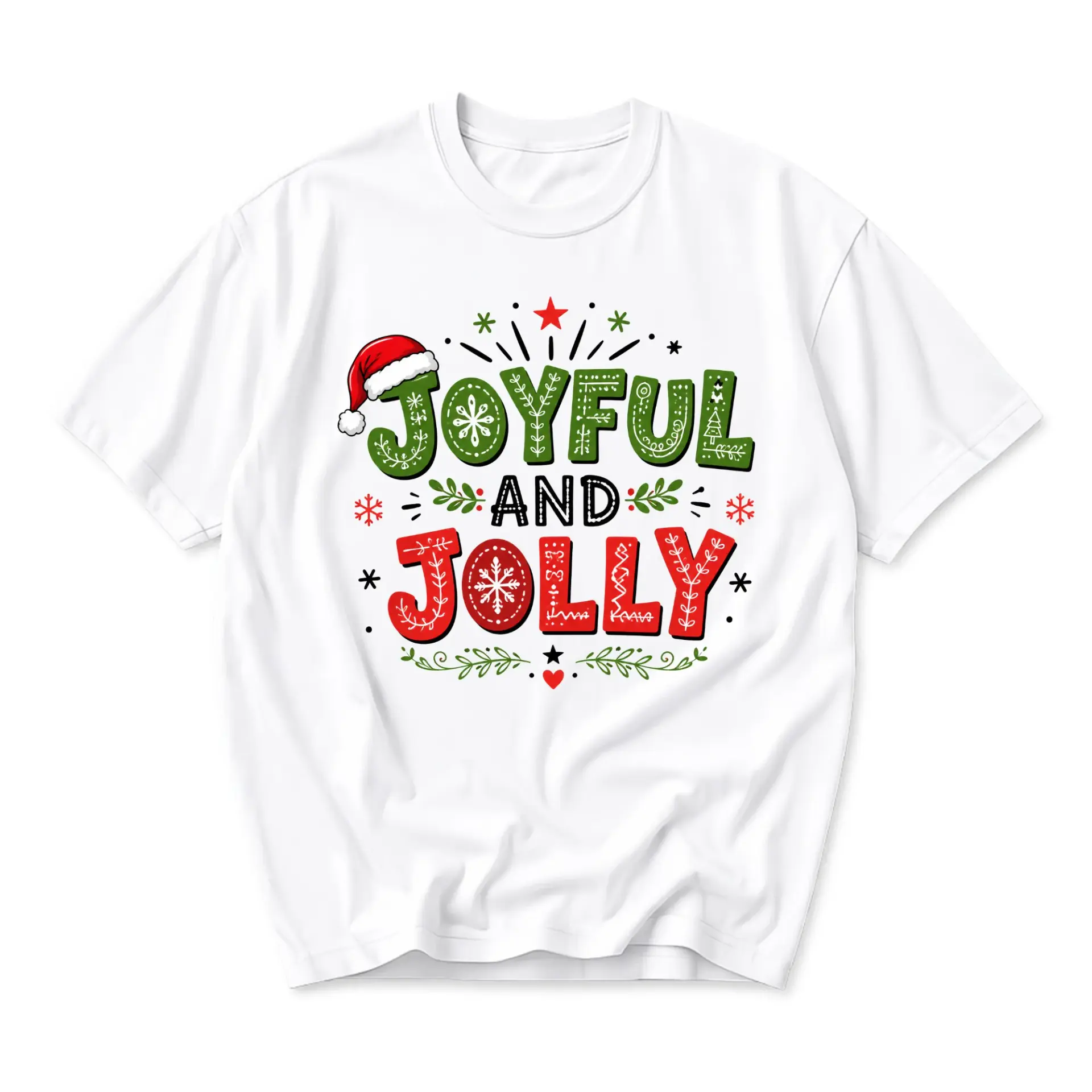 Graphic Tee Joyful and Jolly Christmas Holiday Shirt Unisex Crew Neck Short Sleeve Soft Casual Seasonal Apparel White