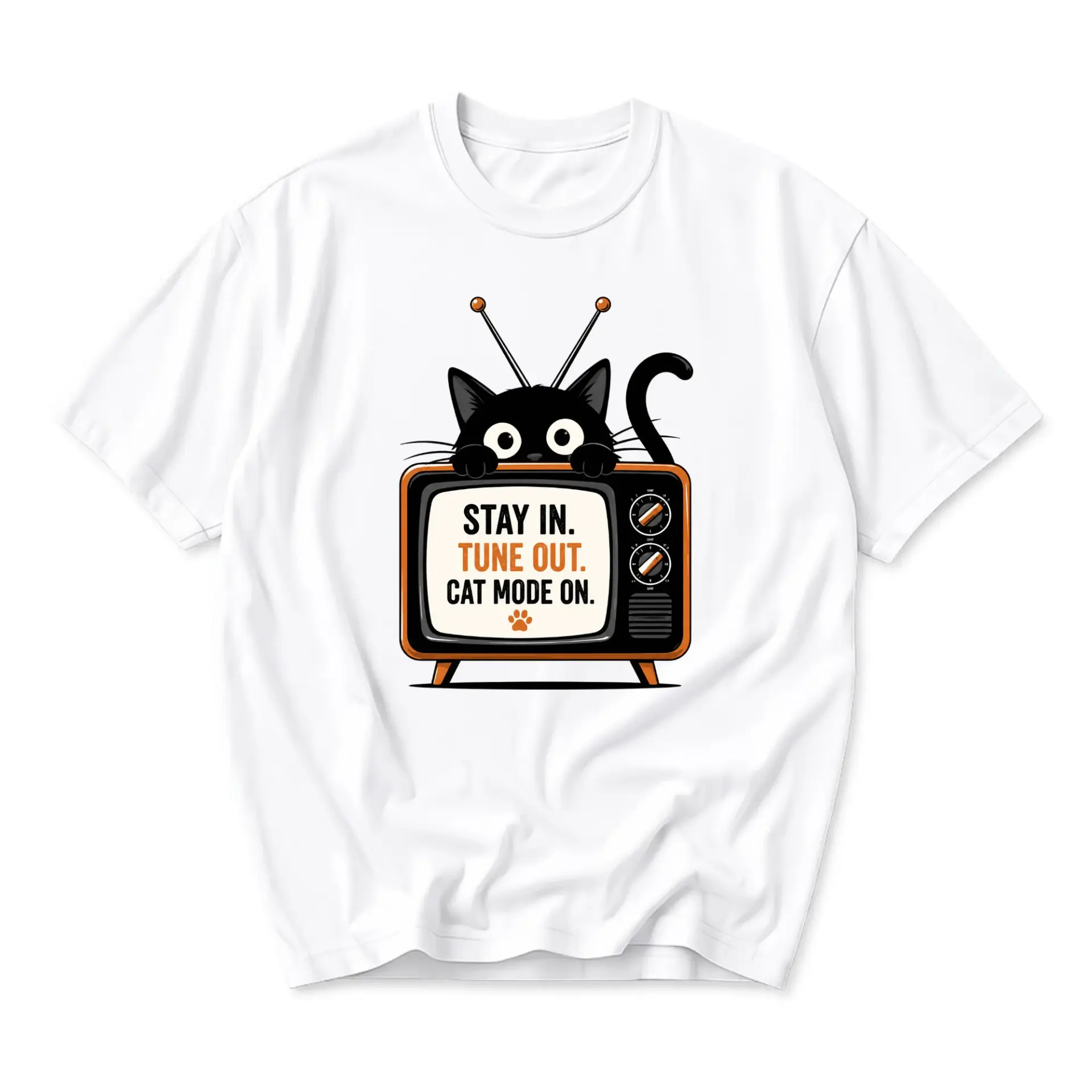 Funny Shirt Stay in Tune Out Cat Mode on Retro Television Graphic Print Unisex Crew Neck Casual Cotton T-Shirt