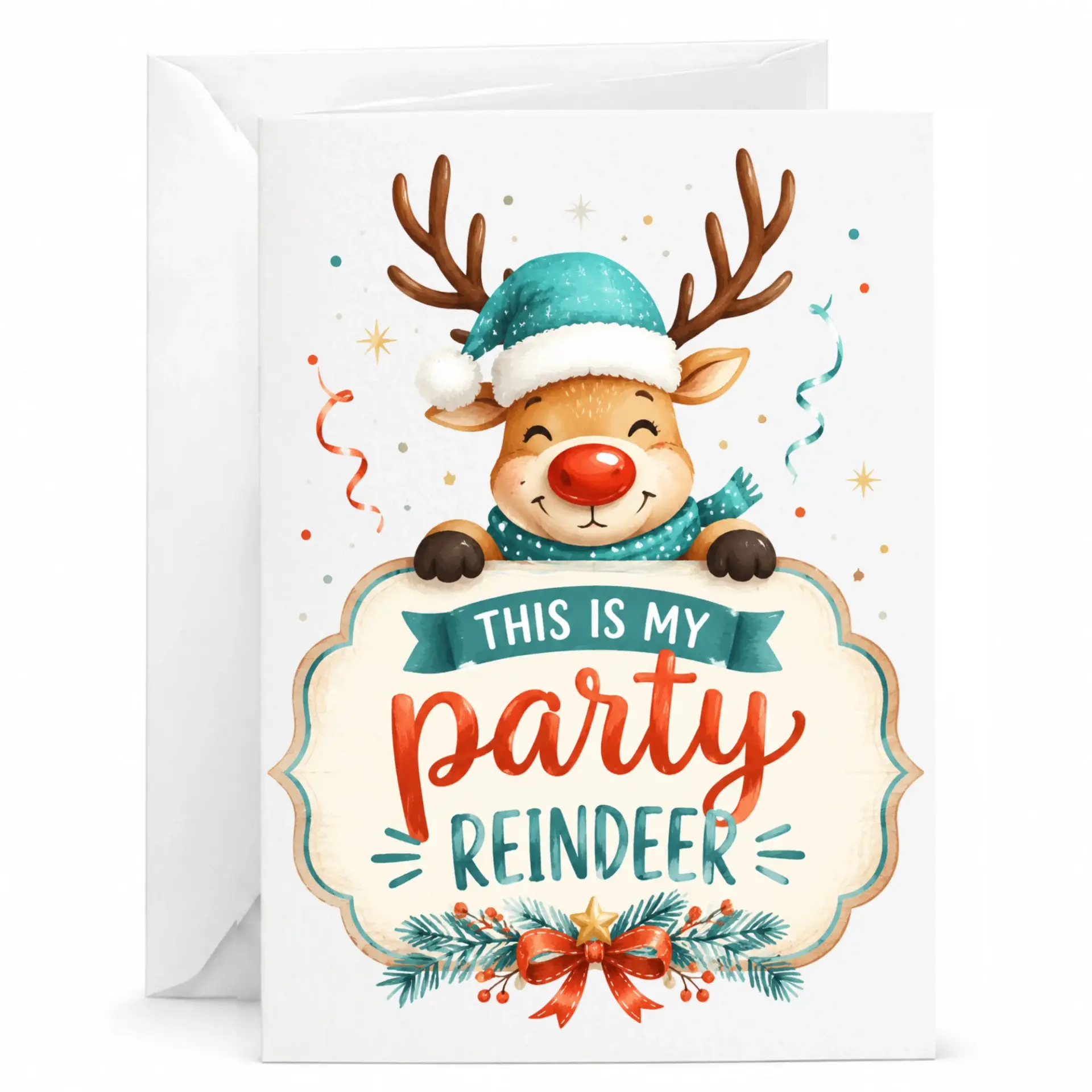 Funny Holiday Greeting Card Featuring Cute Reindeer Character Design with Festive Party Hat and Seasonal Decorations