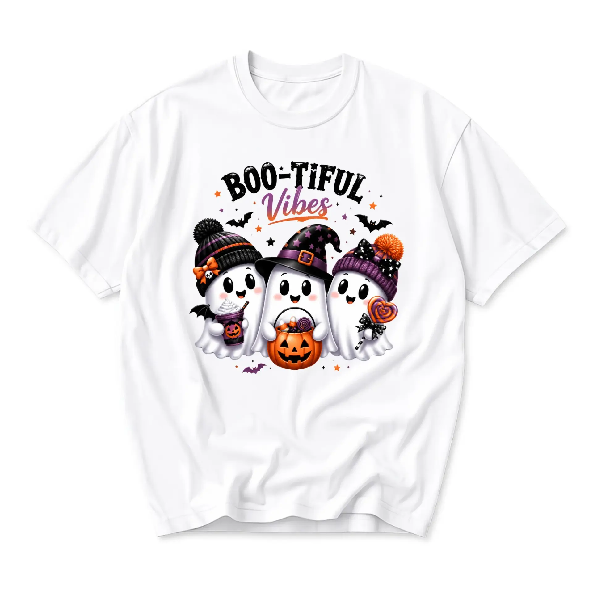 Graphic Tee Boo-Tiful Vibes Ghost Halloween Shirt Seasonal Autumn Celebration Unisex Crew Neck Holiday Outfit