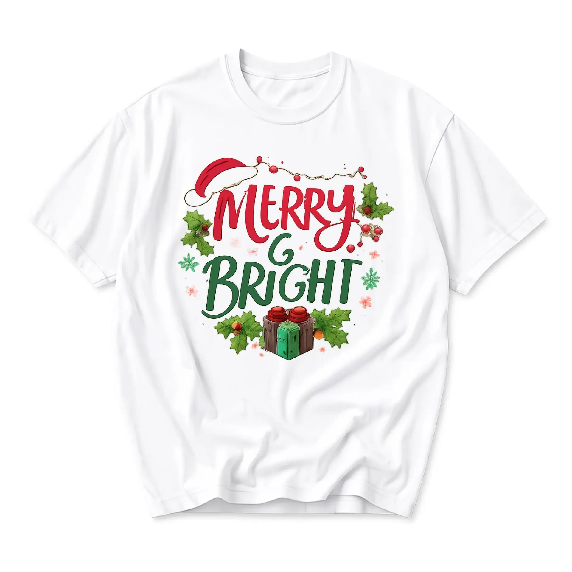 Merry and Bright Graphic Tee Unisex Crew Neck Holiday Shirt Casual Cotton