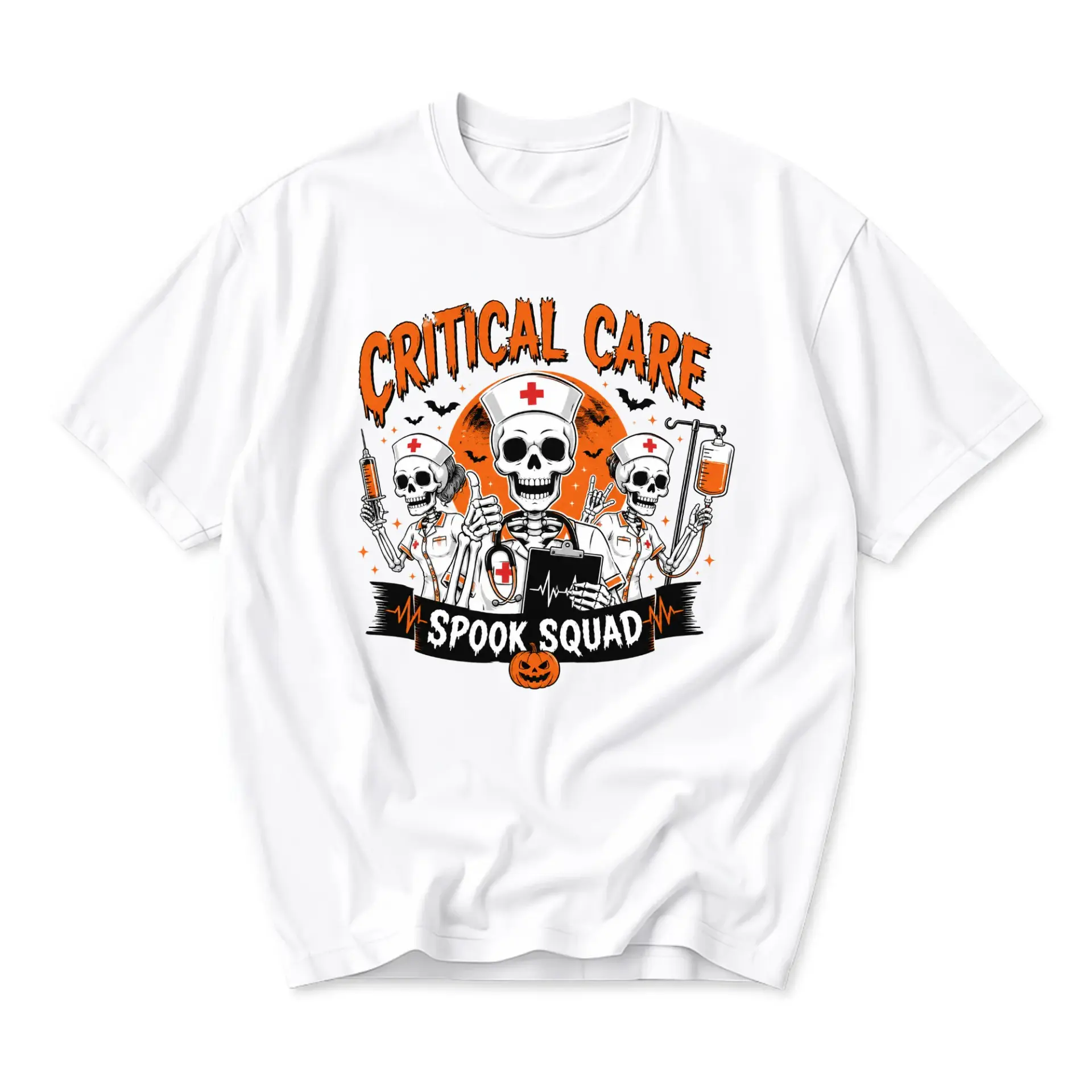 Graphic Tee Critical Care Spook Squad Skeleton Nurse Halloween T-Shirt Unisex Crew Neck Cotton Blend Casual Apparel