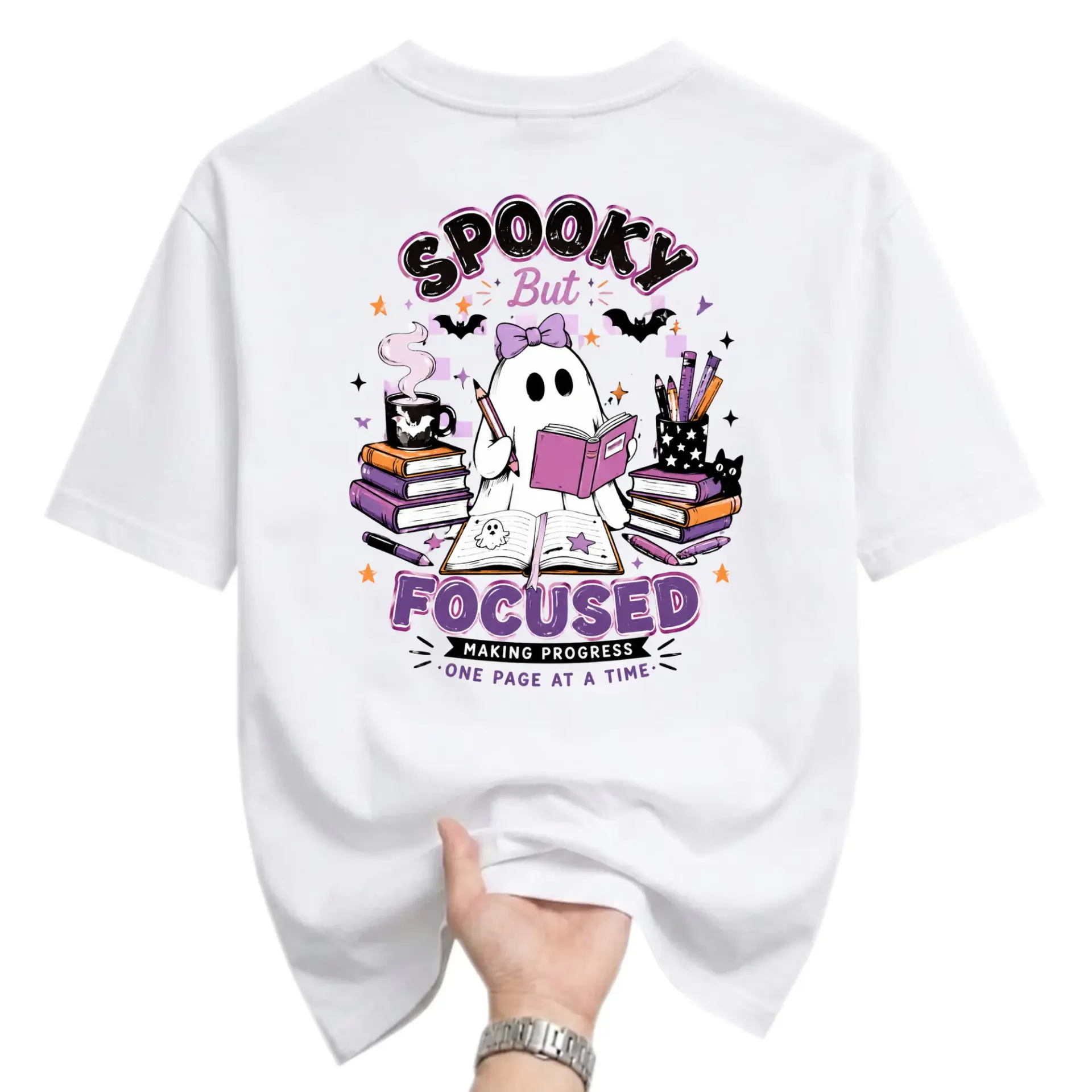 Graphic Tee Spooky but Focused Ghost Reading Book Design Unisex Crew Neck Short Sleeve Casual Cotton T-Shirt