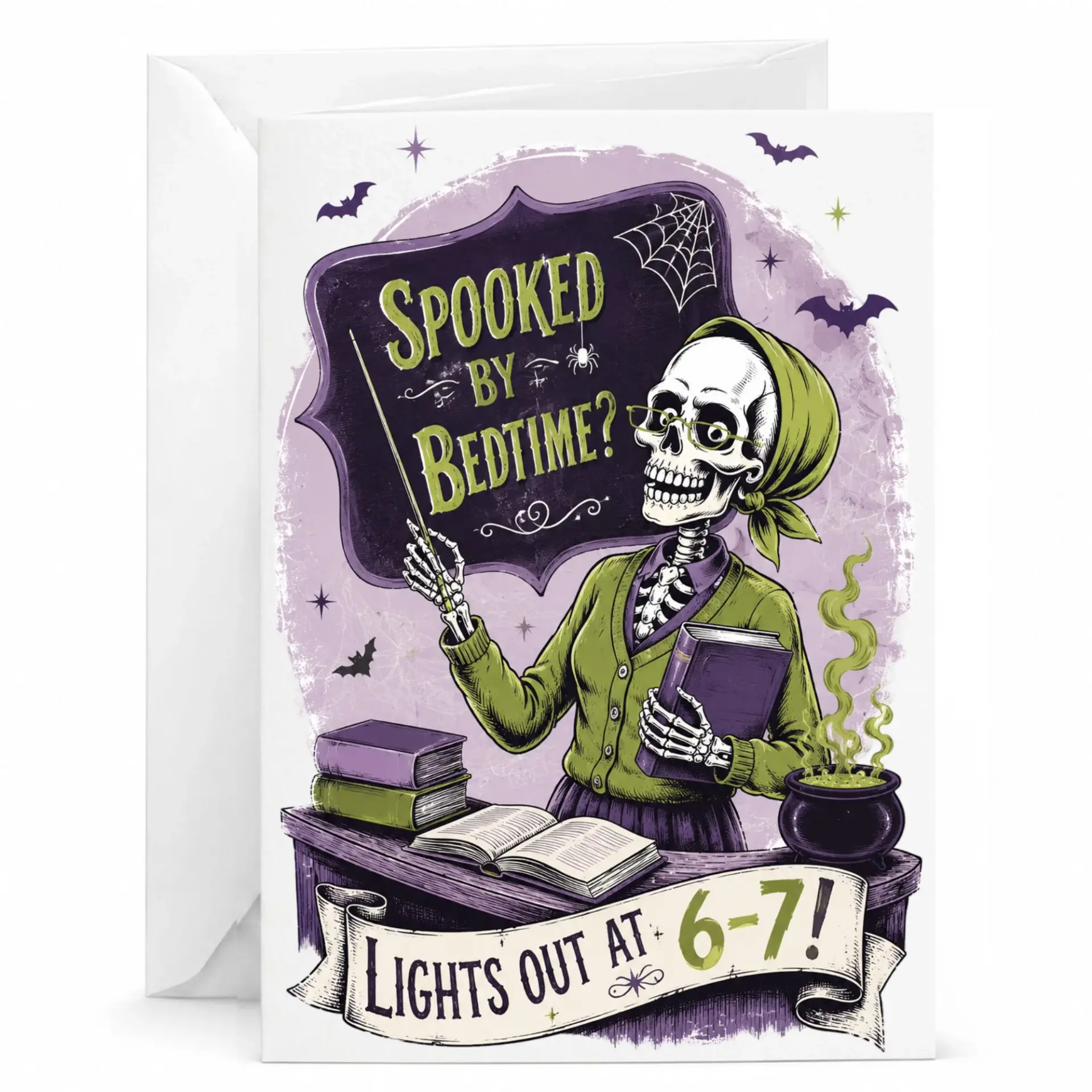Funny Skeleton Teacher Greeting Card with Envelope Humorous Spooky Classroom Theme Stationary for Birthday or Holiday