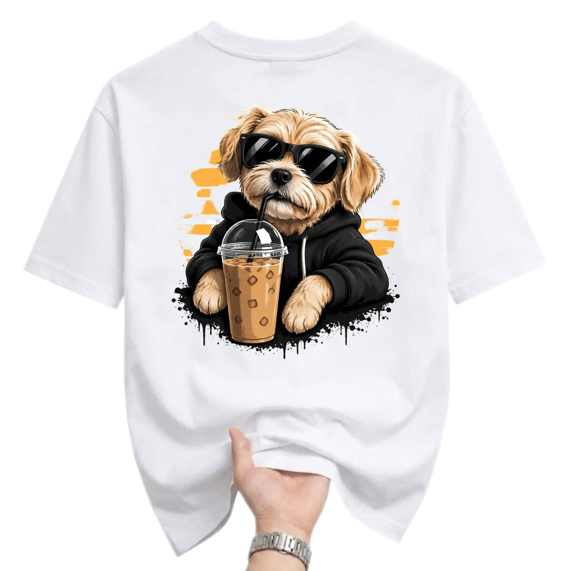 Graphic Tee Dog Wearing Sunglasses Drinking Iced Coffee Unisex Crew Neck