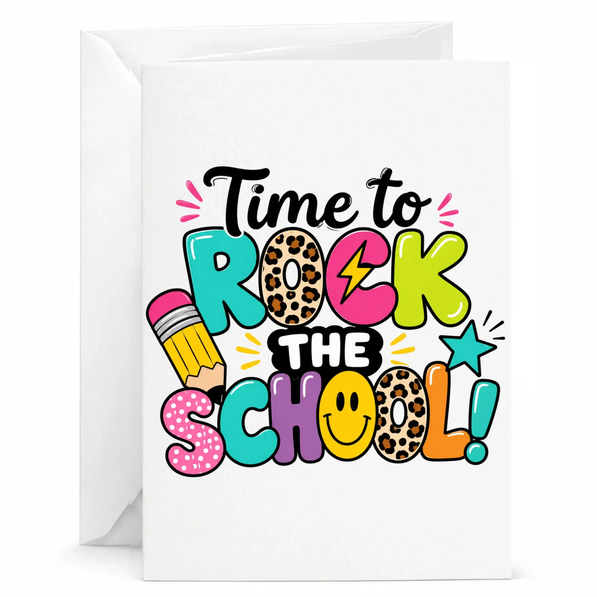 Funny Encouragement Greeting Card Time to Rock the School Design Vibrant Retro Motivational Stationery Note