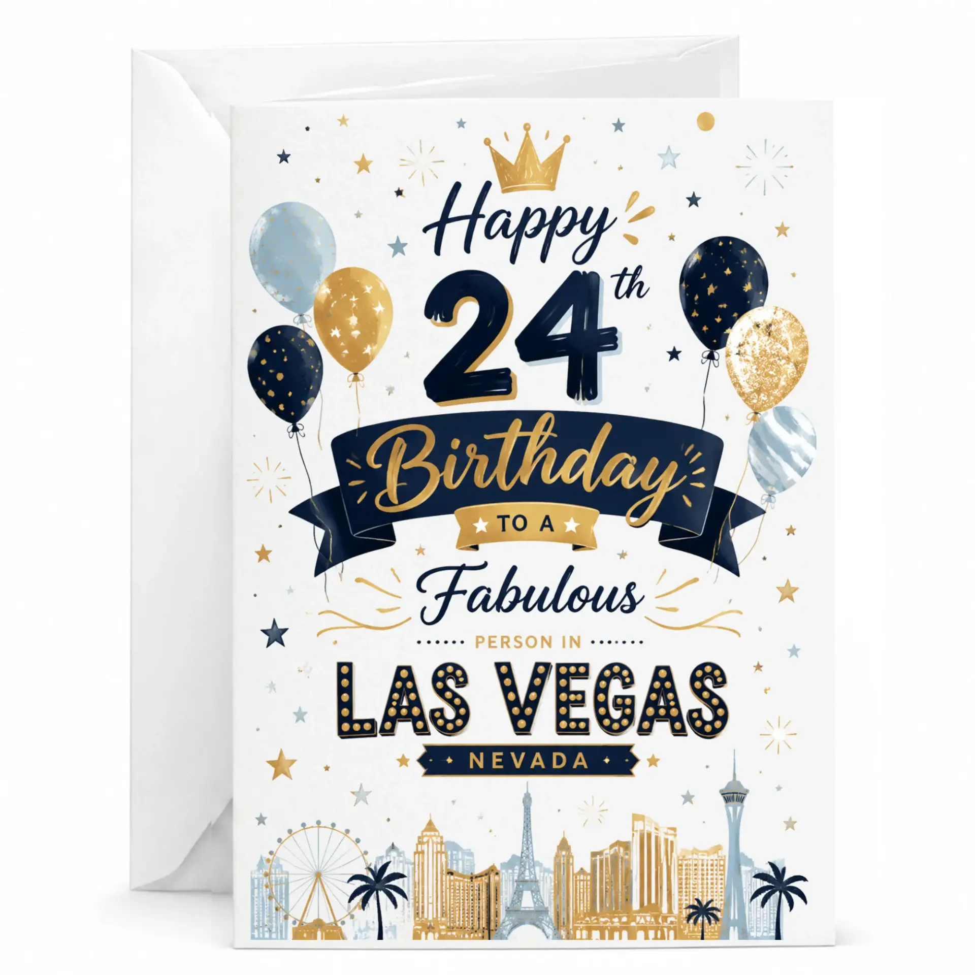 Birthday Card for 24th Birthday Fabulous Person in Las Vegas Nevada Gold and Navy Blue Celebration Greeting Card