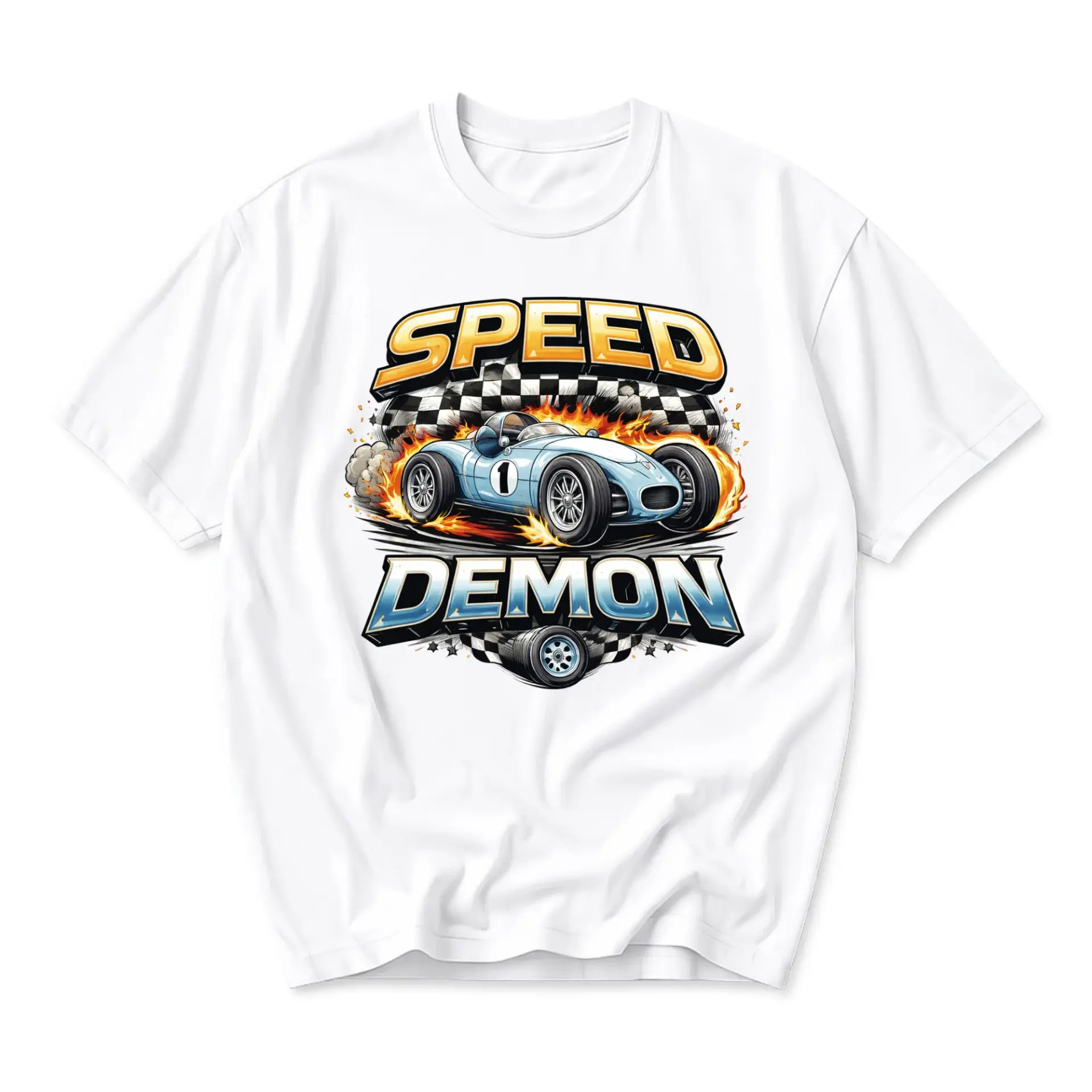 Graphic Tee Speed Demon Vintage Racing Car Illustration Unisex Crew Neck Short Sleeve Casual Fashion Shirt White