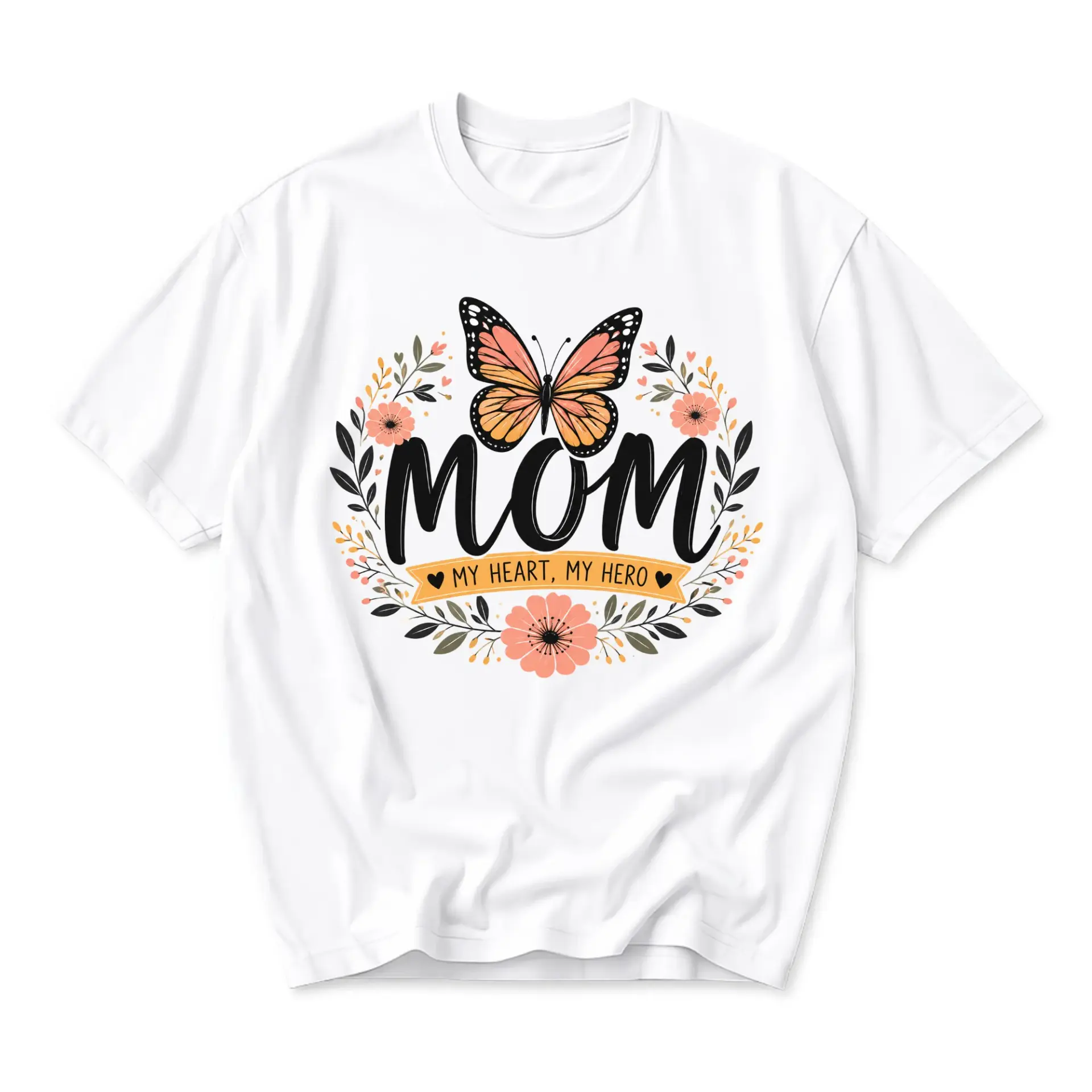 Graphic Tee Mom My Heart My Hero Butterfly Floral Design Unisex Crew Neck Short Sleeve Casual Cotton Blend Shirt