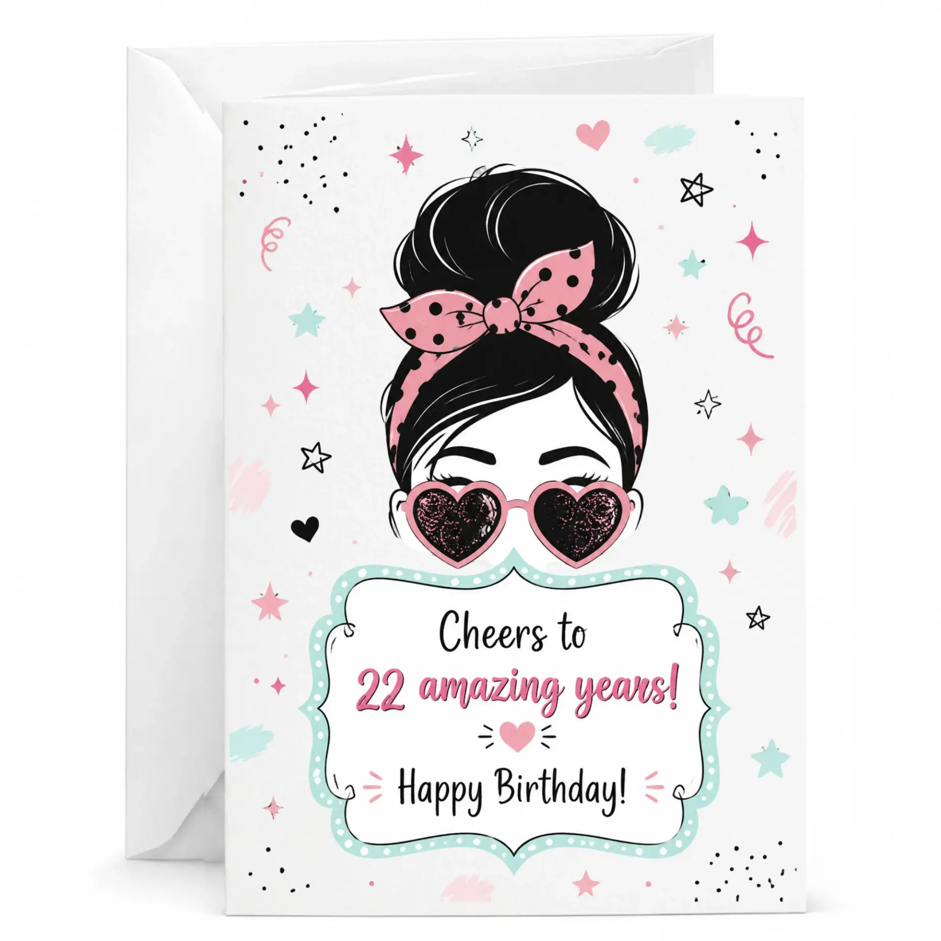 Birthday Card for 22nd Birthday, Funny Girl with Heart Sunglasses and Messy Bun Illustration Greeting Card