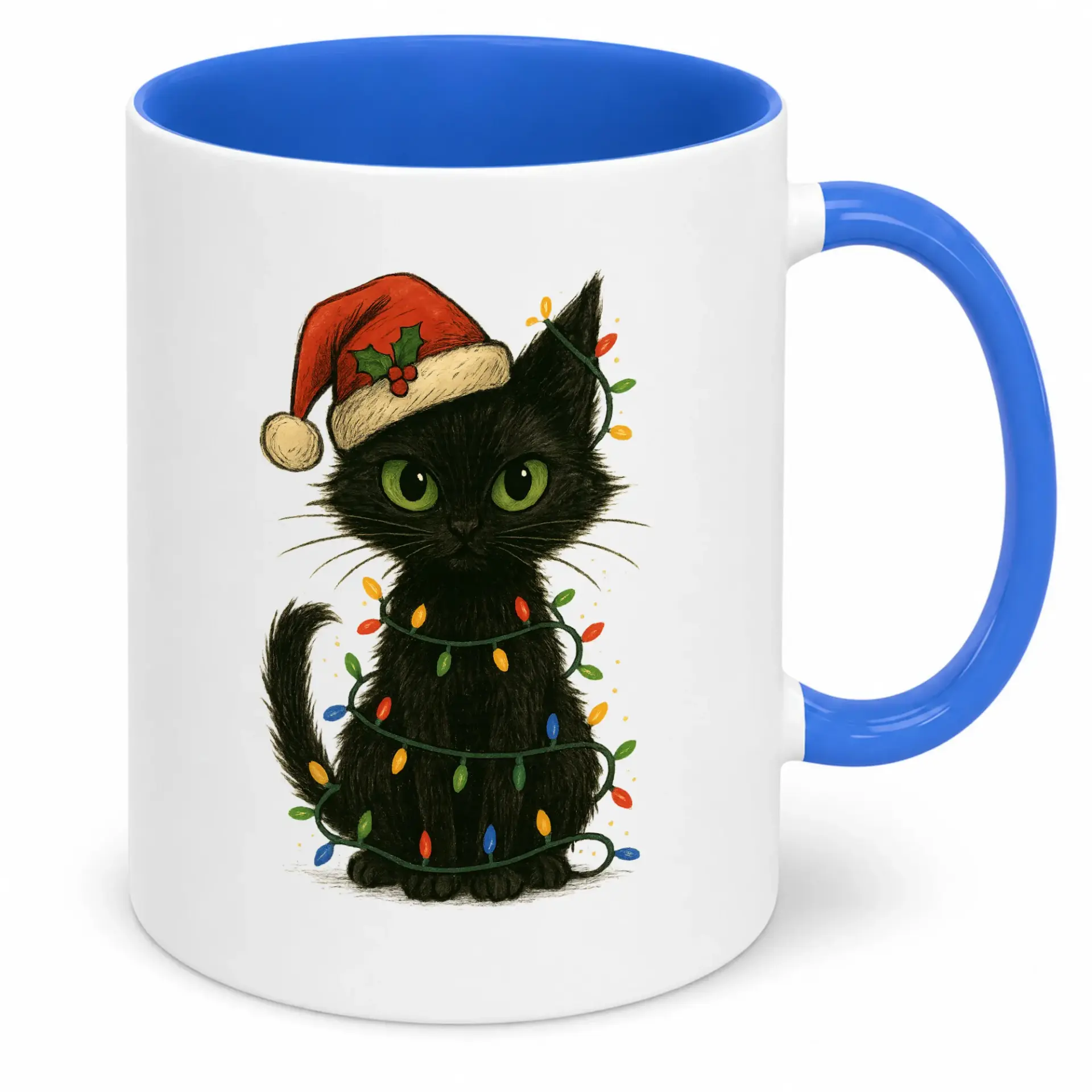 Funny Christmas Black Cat Coffee Mug with Santa Hat and Holiday Lights Design | Ceramic Winter Themed Drinkware Gift for Cat Lovers