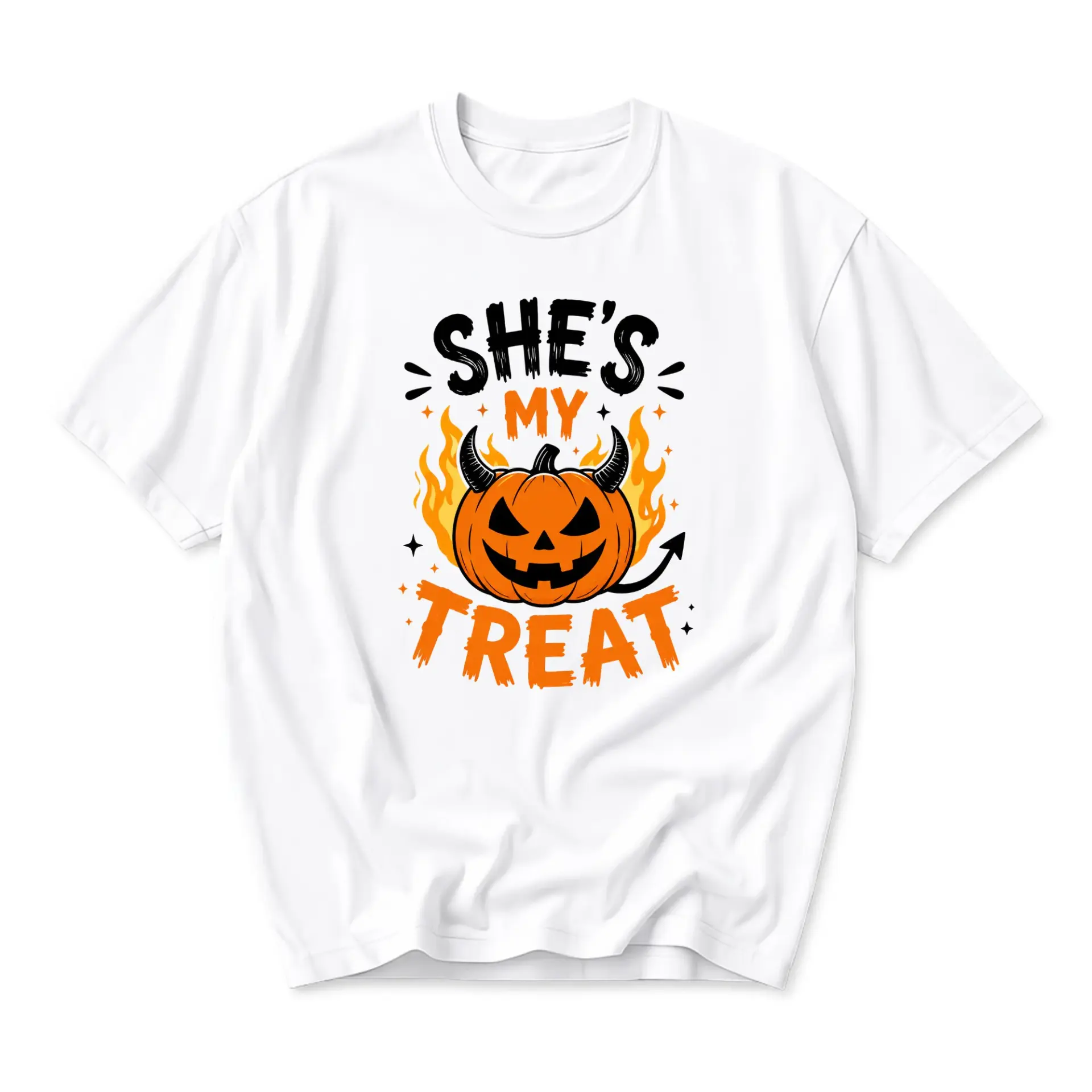 Graphic Tee She's My Treat Pumpkin Devil Horns Halloween Apparel Unisex Casual Short Sleeve Crew Neck Cotton Shirt