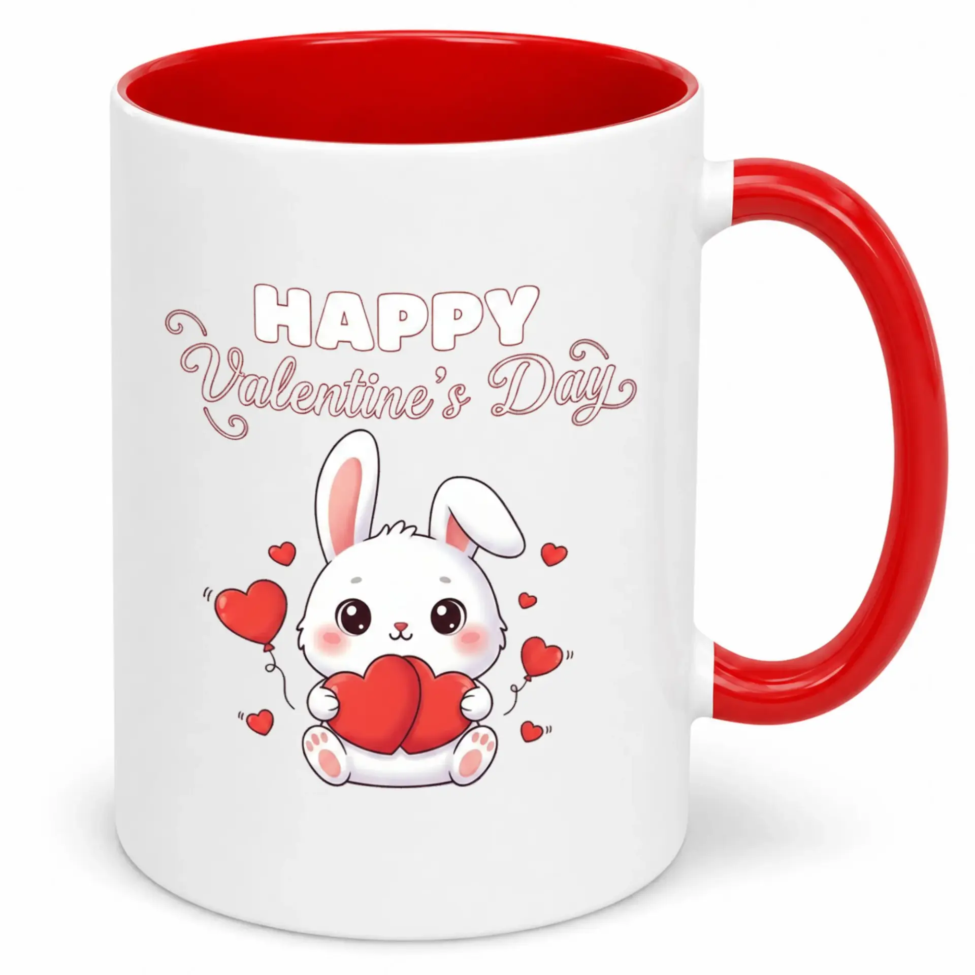 Valentine's Day Ceramic Coffee Mug for Hot or Cold Beverages Bunny Hearts Design 11oz or 15oz White & Red Drinkware Gift