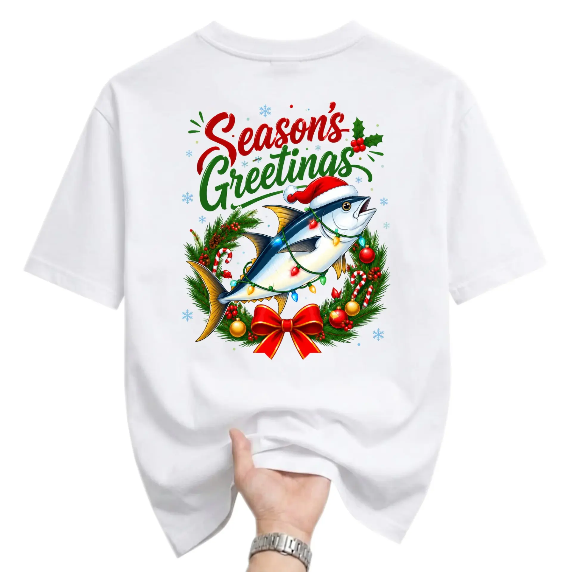 Funny Shirt Season's Greetings Christmas Fishing Graphic Tee Unisex Holiday Crew Neck Casual Apparel Top for Men Women