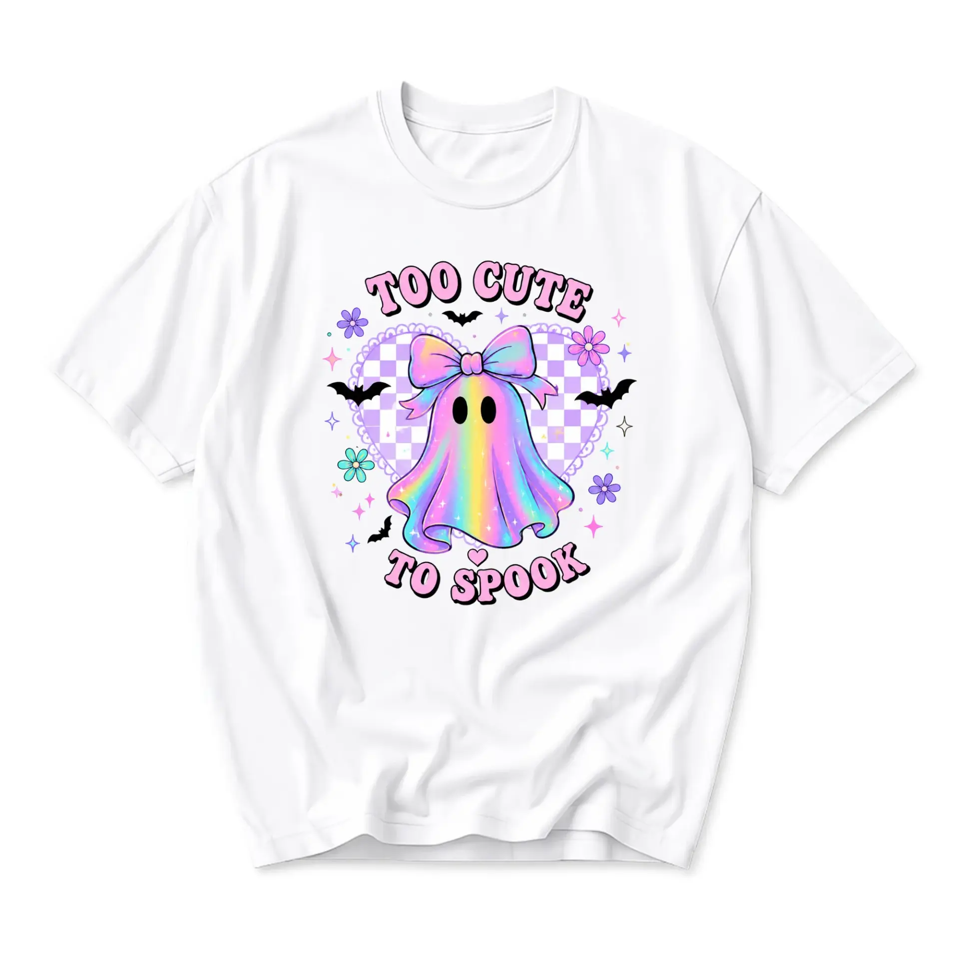 Graphic Tee Too Cute to Spook Ghost Shirt Pastel Aesthetic Halloween Unisex Cotton Blend Short Sleeve Crew Neck Top