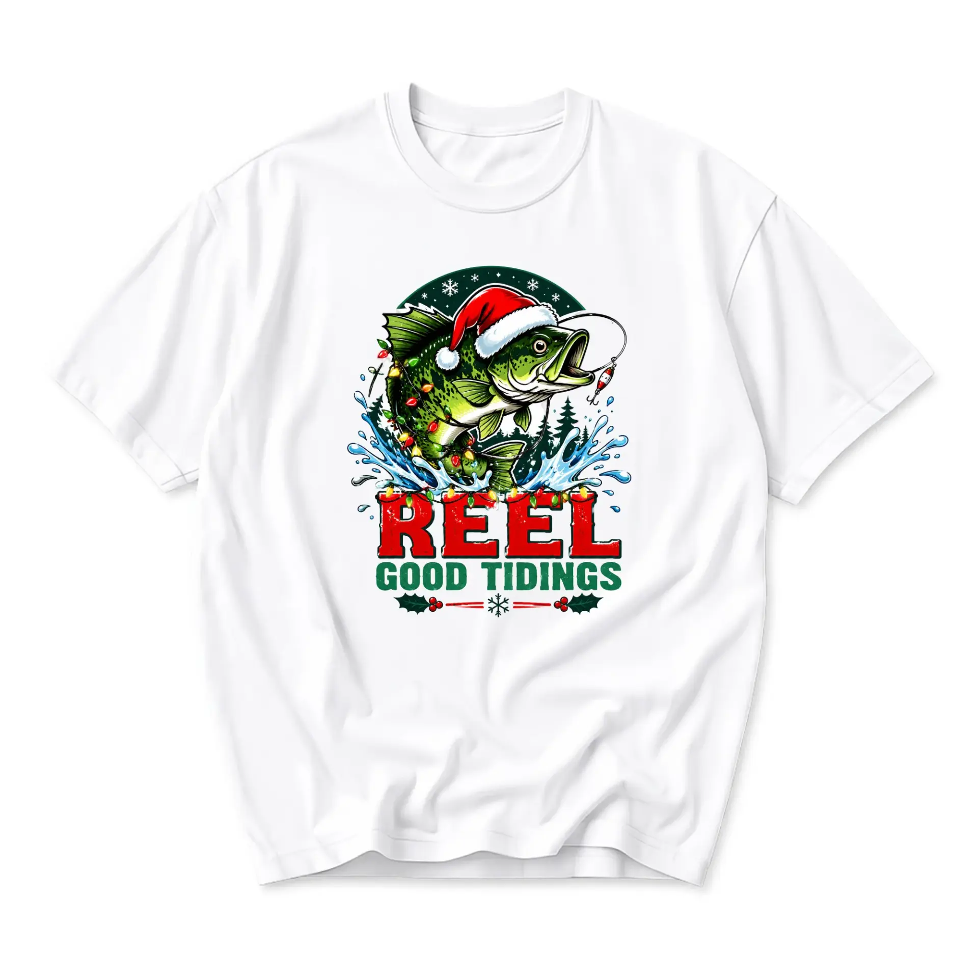 Funny Shirt Reel Good Tidings Christmas Fishing Graphic Tee Unisex Casual Holiday Crew Neck Apparel for Outdoor Fans
