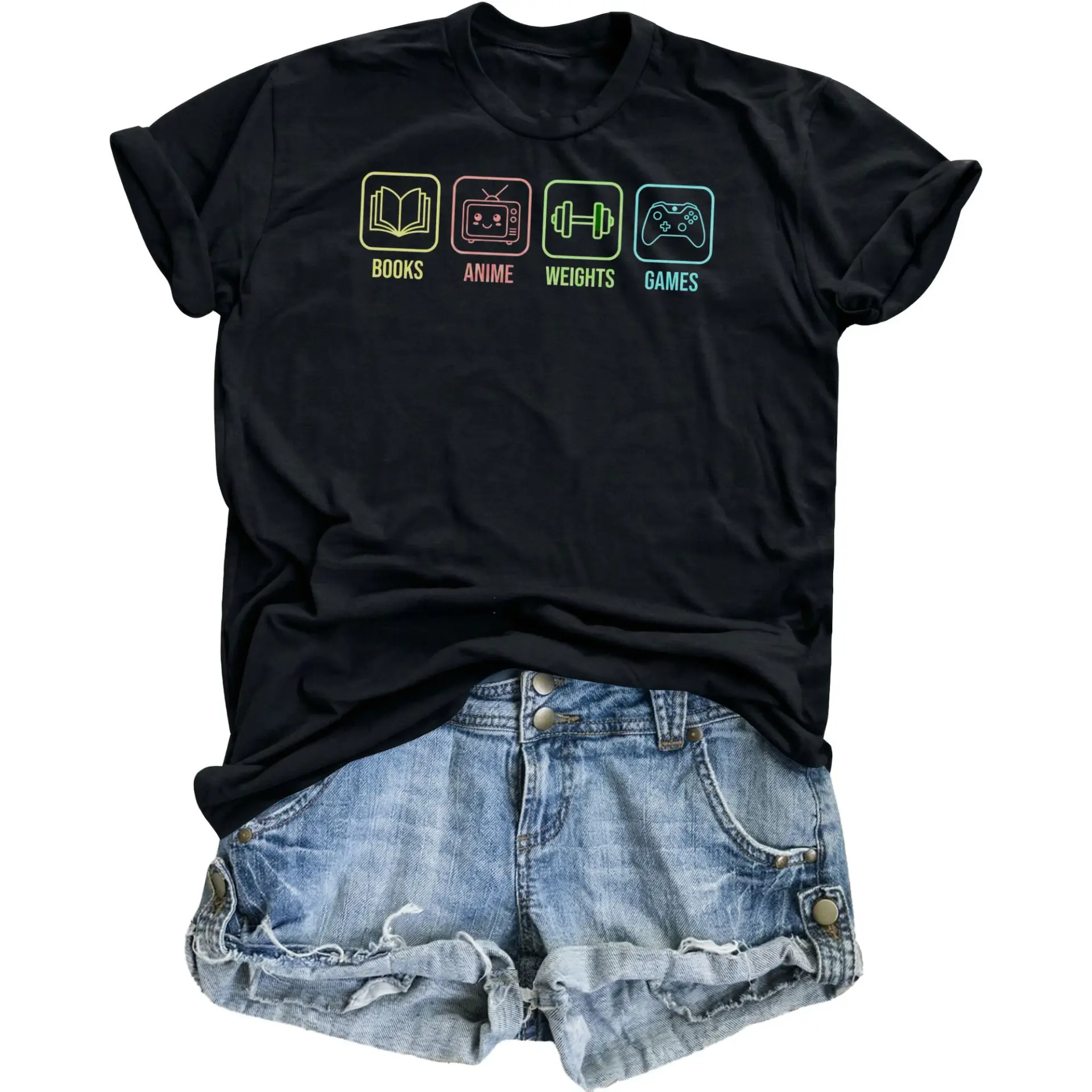 Graphic Tee Unisex Crew Neck Shirt Featuring Books Anime Weights and Games Interest Icons for Casual Daily Outfits