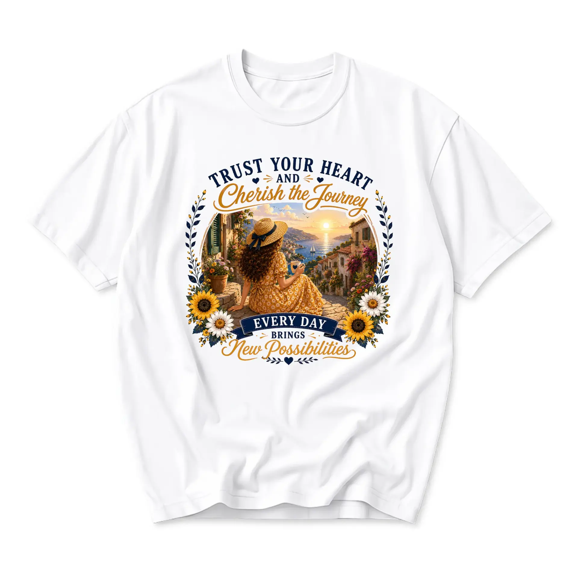 Graphic Tee Trust Your Heart Cherish the Journey Inspirational Quote Aesthetic Summer Landscape Print Unisex T-Shirt