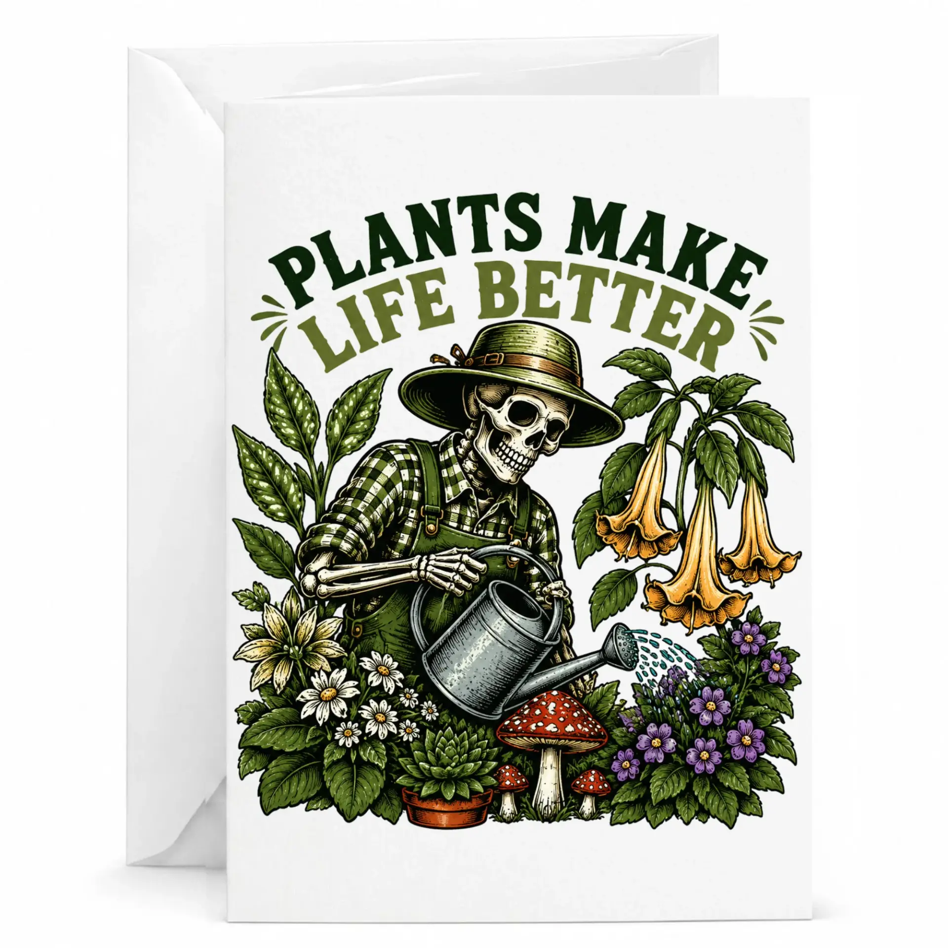 Greeting Card Plants Make Life Better Skeleton Gardener Illustration Art Print with Matching White Envelope