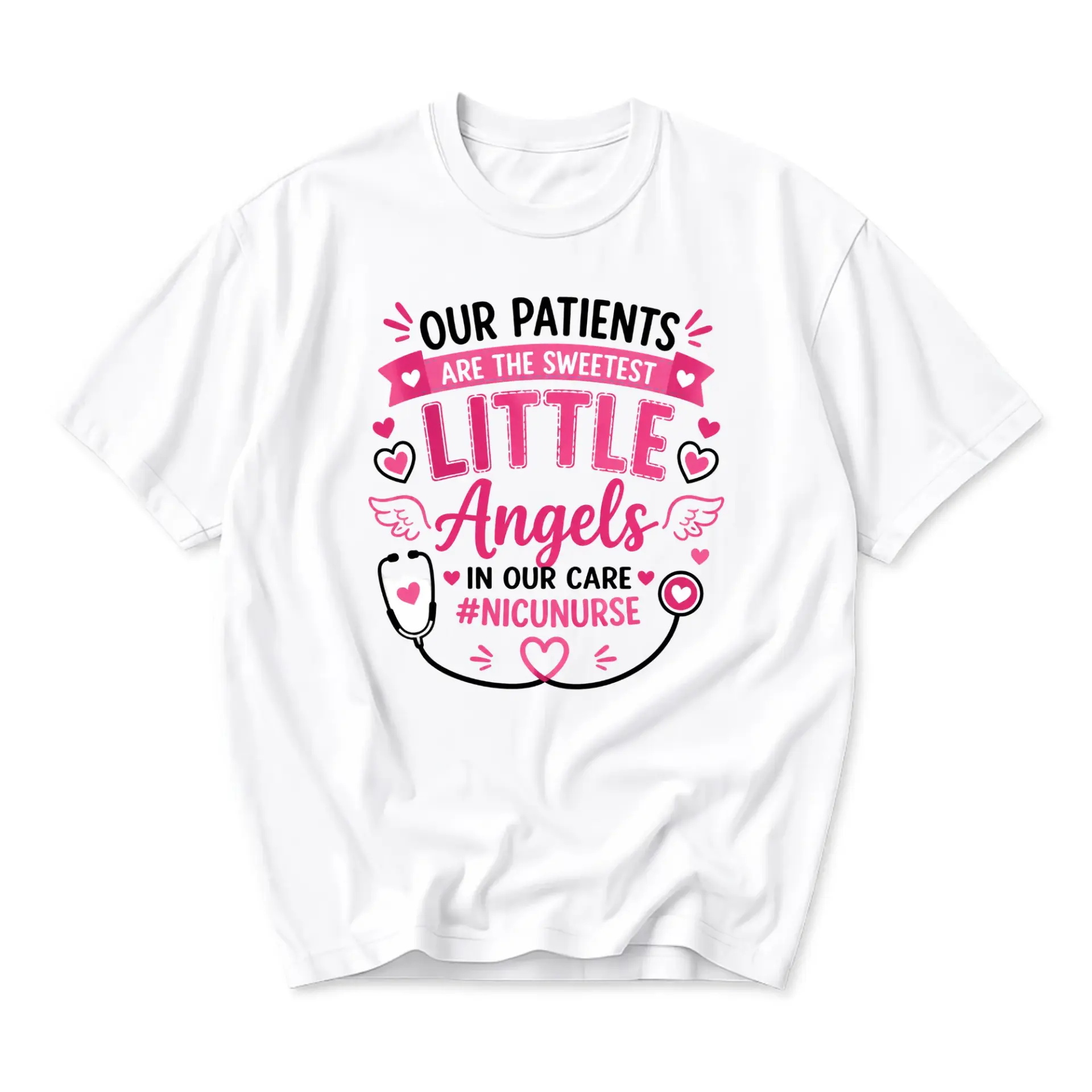 T-shirt Graphic Tee for Neonatal Intensive Care Nurse Featuring Cute Angel Wings and Stethoscope Design White Crew Neck