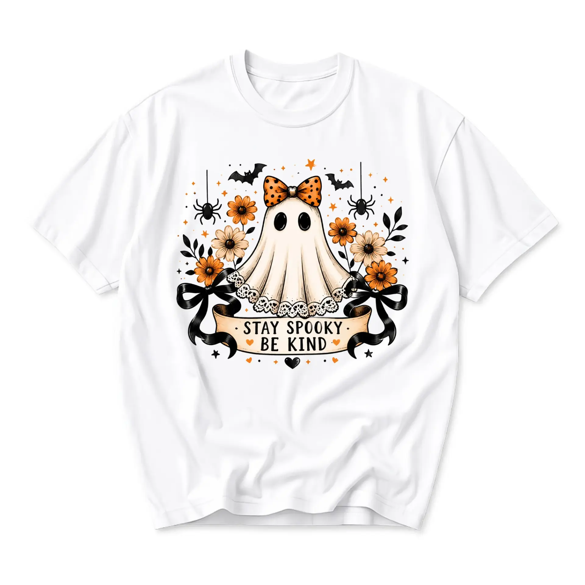 Graphic Tee Stay Spooky Be Kind Ghost T-Shirt Unisex Crew Neck Fall Aesthetic Halloween Inspired Floral Apparel