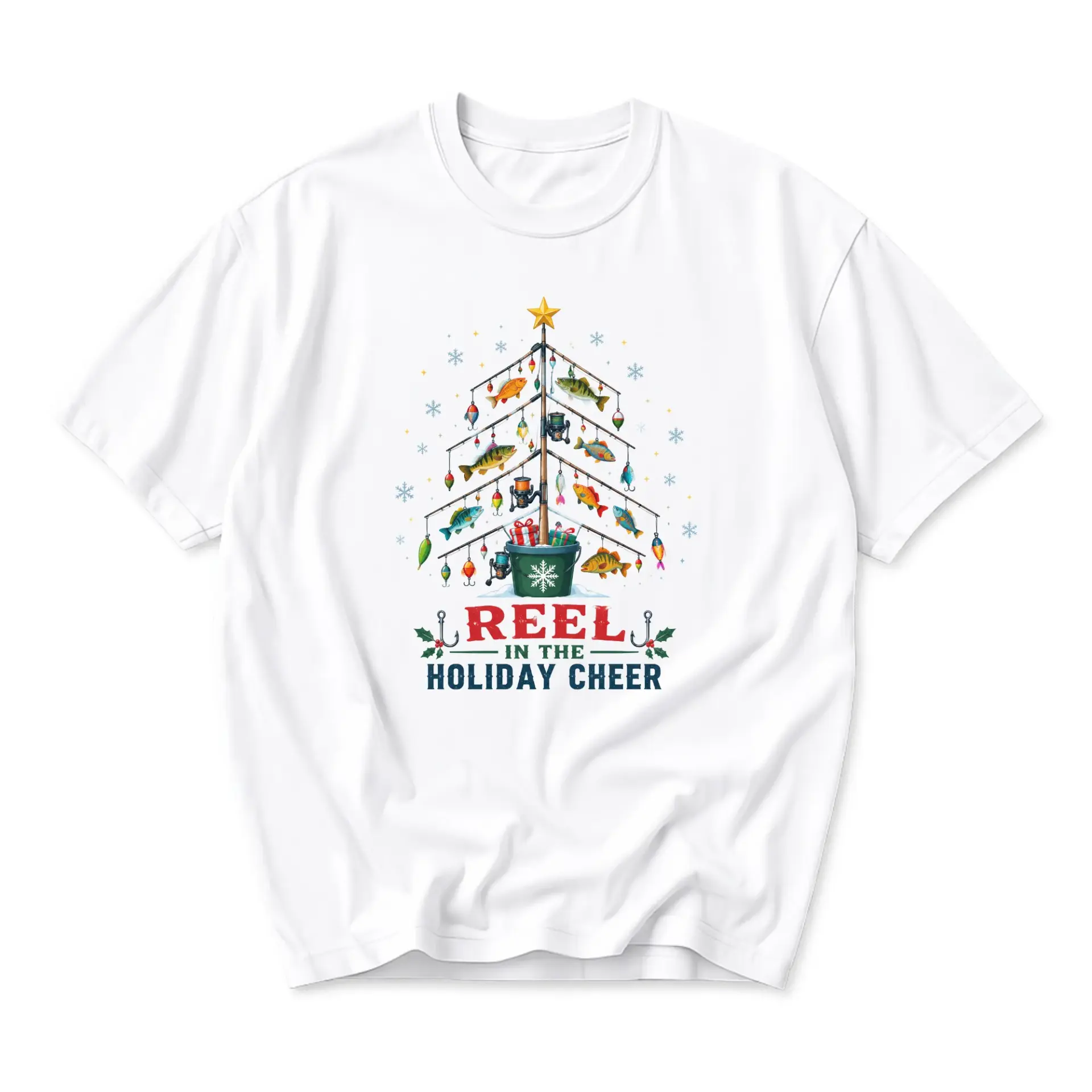 Funny Shirt Reel in the Holiday Cheer Christmas Fishing Graphic Tee Unisex