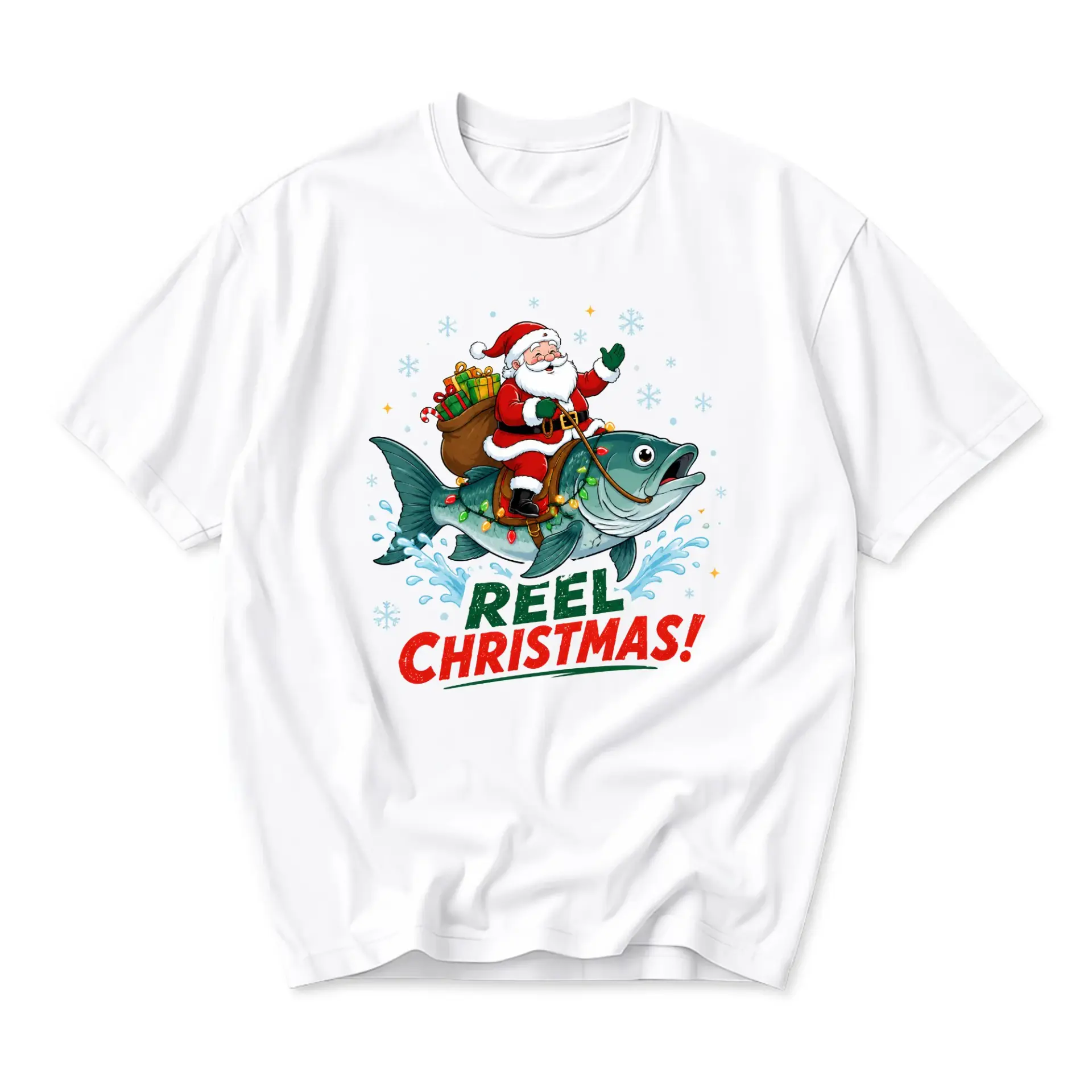 Funny Shirt Reel Christmas Fishing Santa Claus Graphic Tee Unisex Casual Crew Neck Holiday Cotton Top
