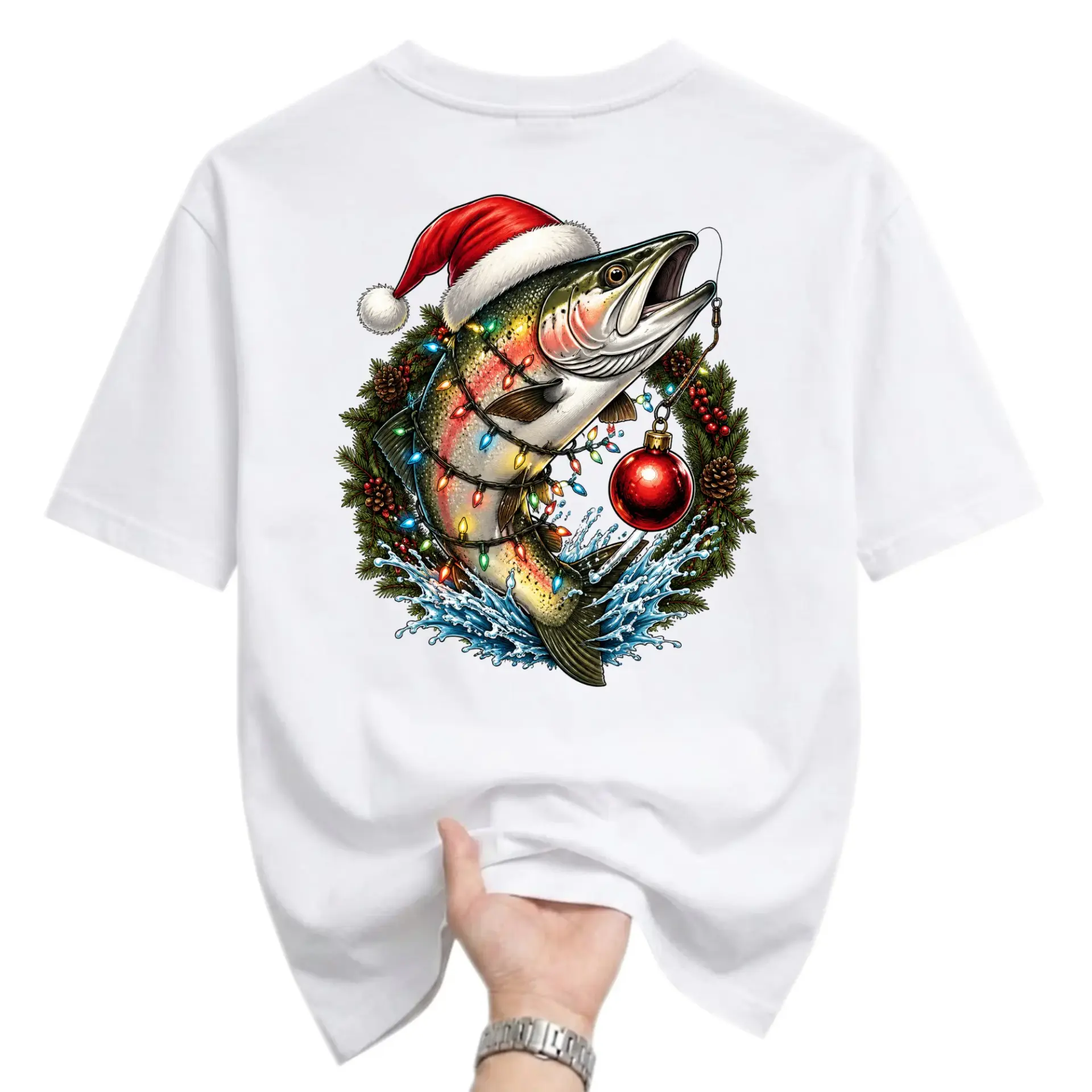 Graphic Tee Unisex Crew Neck T-Shirt Featuring Christmas Fishing Holiday