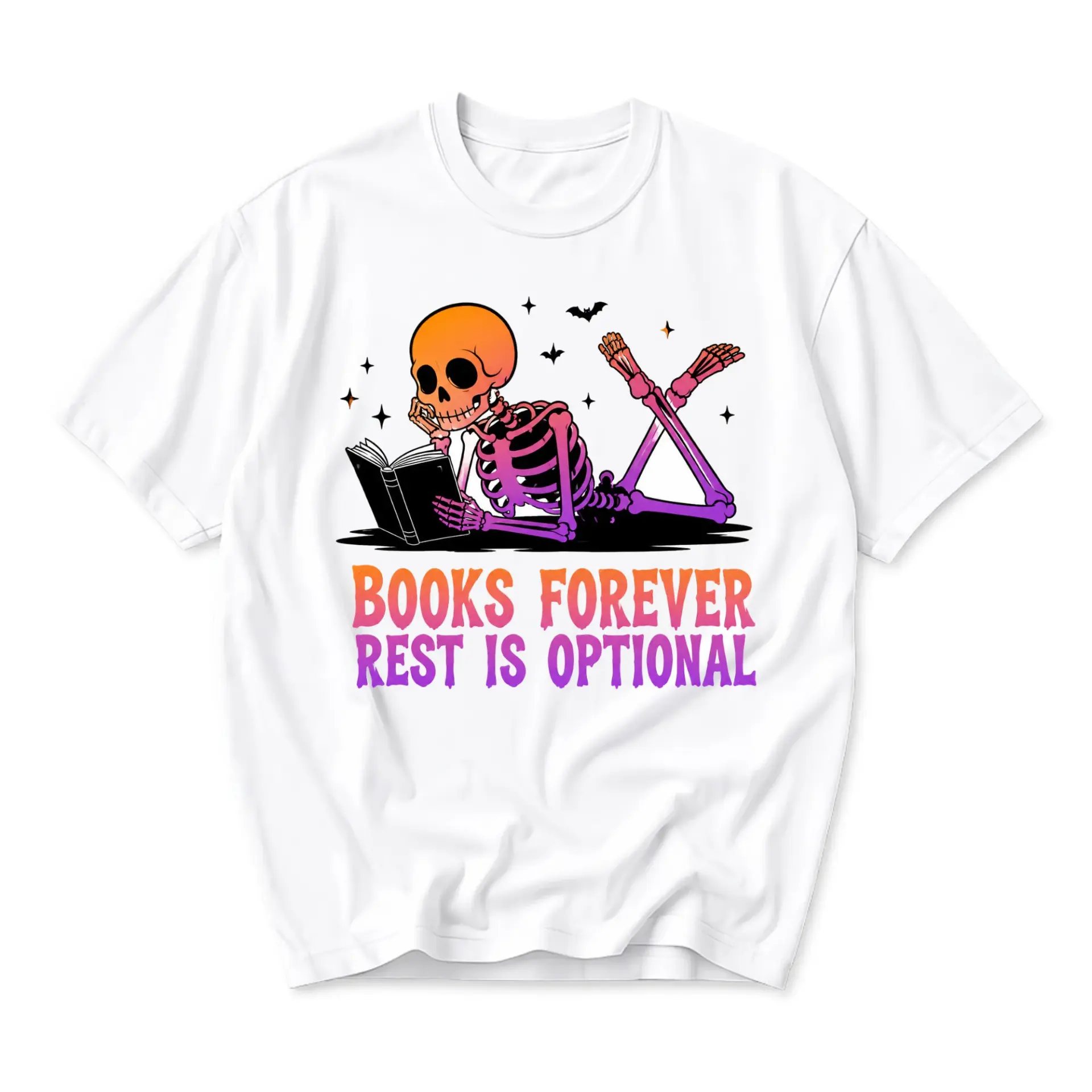 Graphic Tee Books Forever Rest Is Optional Skeleton Reading Shirt for Literature Lovers Unisex Casual Crewneck Top