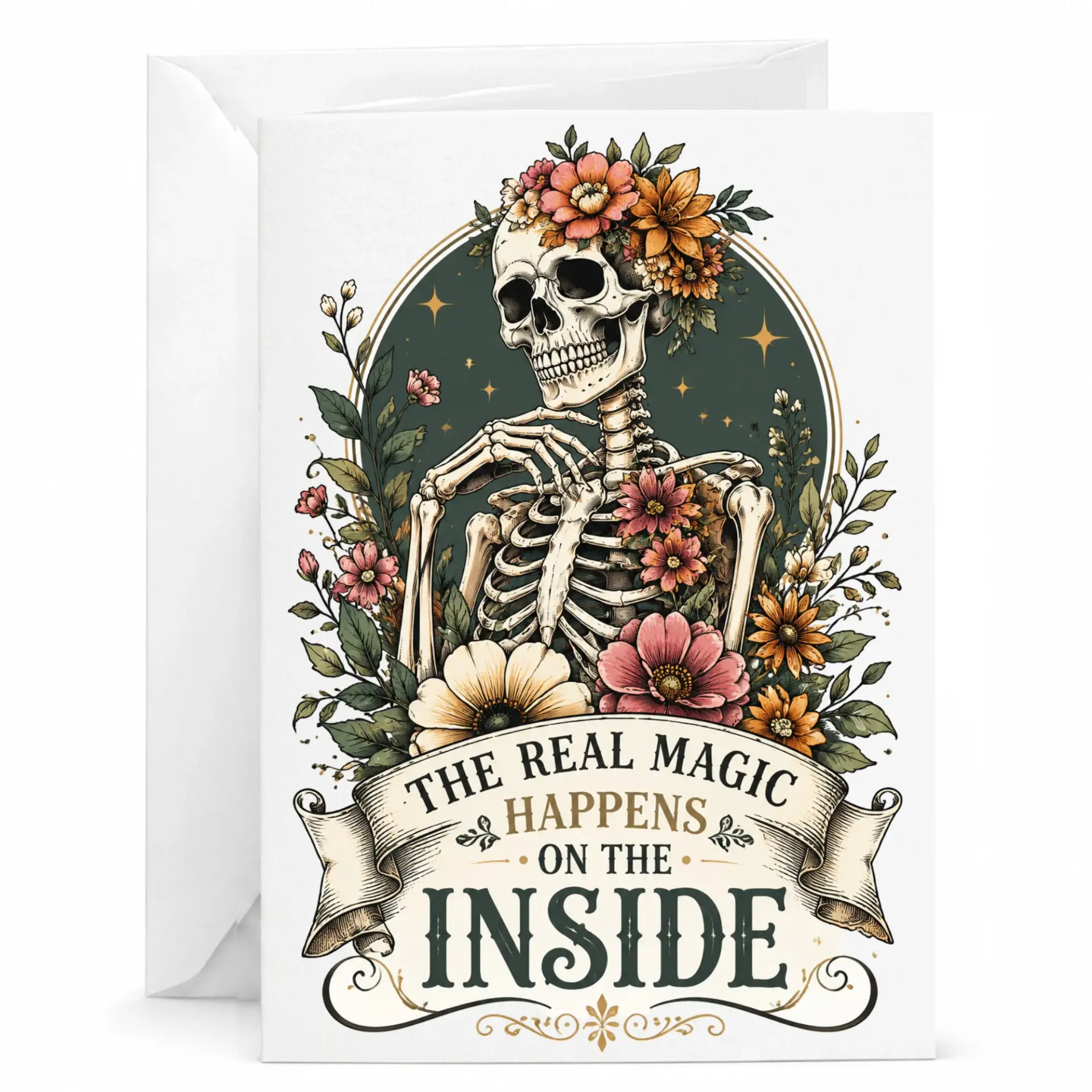 Greeting Card the Real Happens on Inside Floral Skeleton Illustration Premium Stationery for Any Occasion