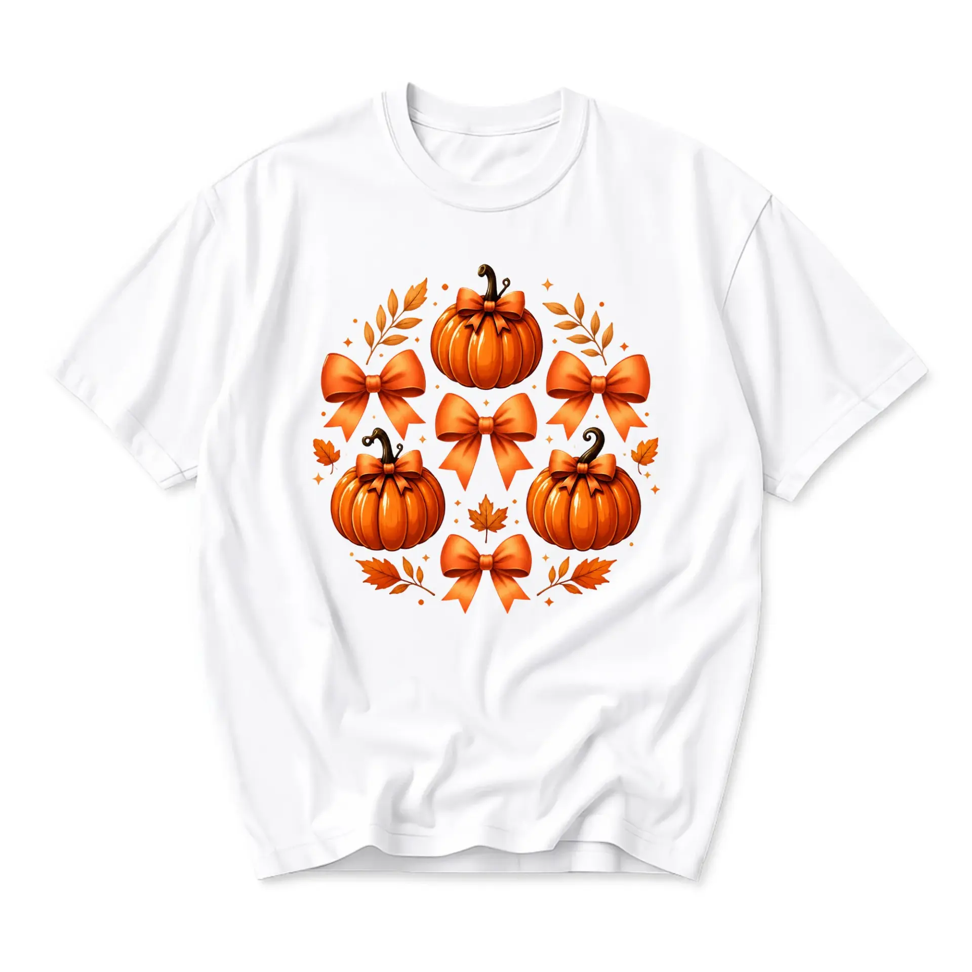 Graphic Tee Pumpkin and Bows Fall Season Print Unisex Crew Neck Shirt for Autumn Festive Casual Wear Tops