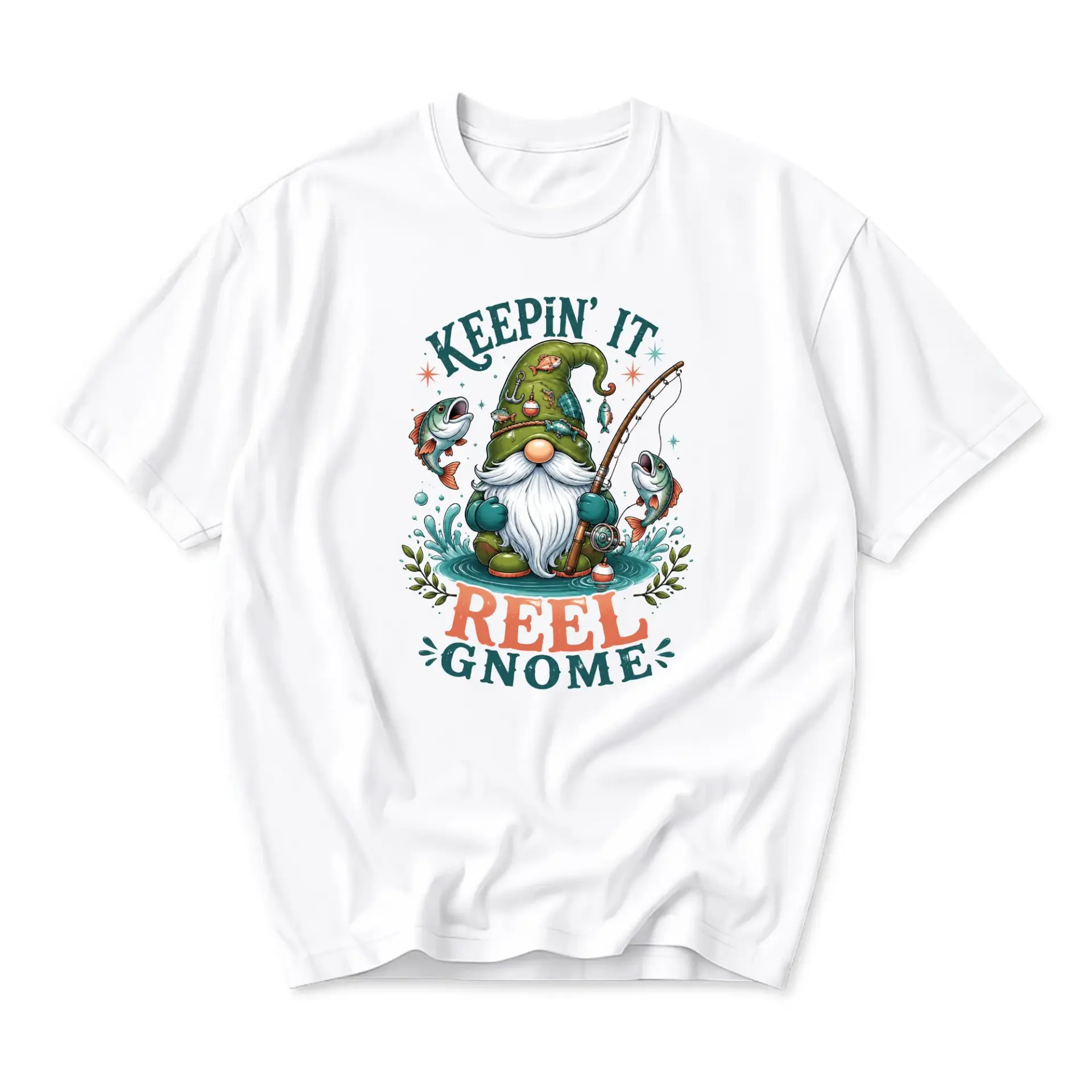 Funny Shirt Keepin It Reel Gnome Graphic Tee Unisex Casual Apparel for Fishing Enthusiasts and Outdoors Lovers White