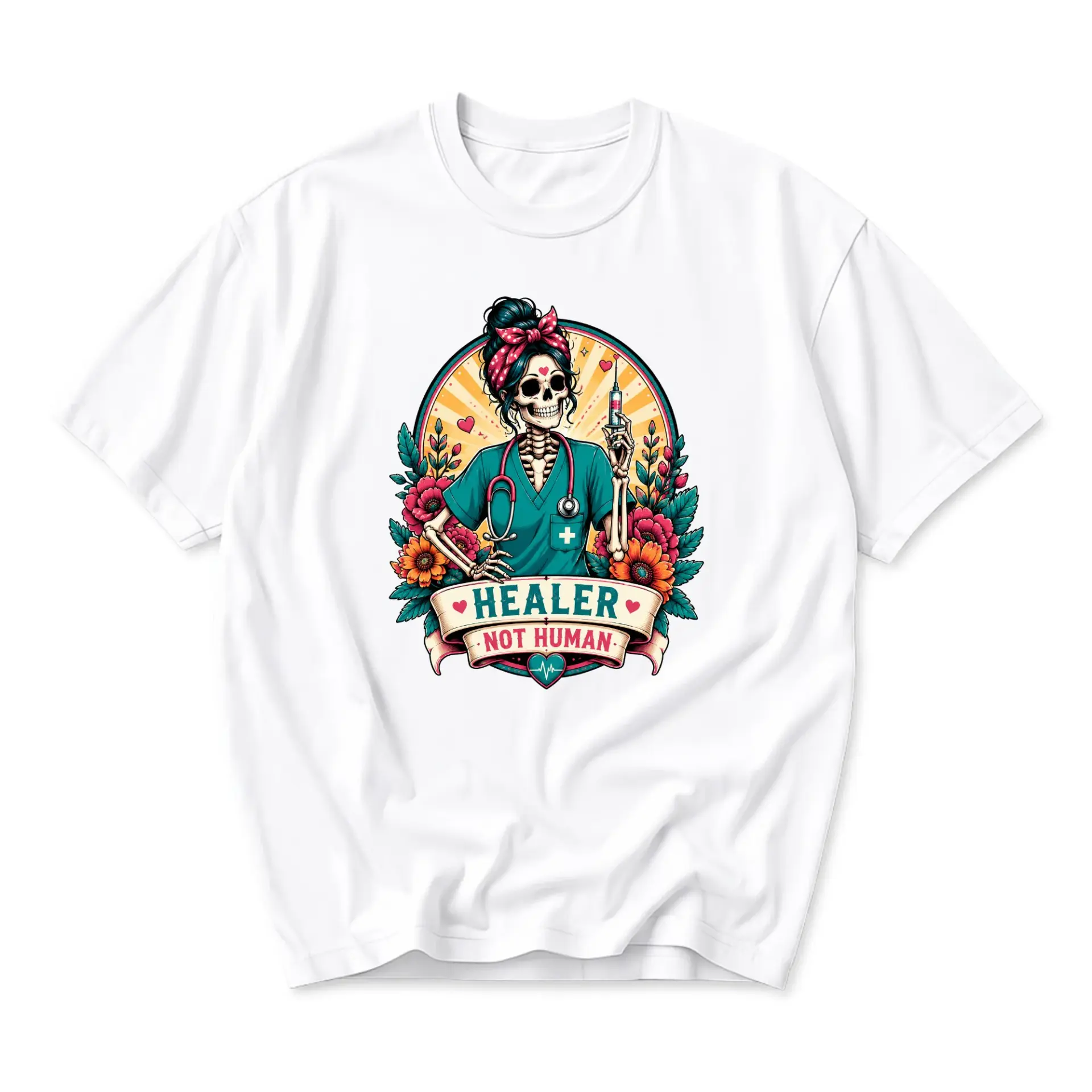 Graphic Tee Healer Not Human Skeleton Nurse Design Unisex Casual Cotton Crew Neck Short Sleeve Shirt for Medical Staff