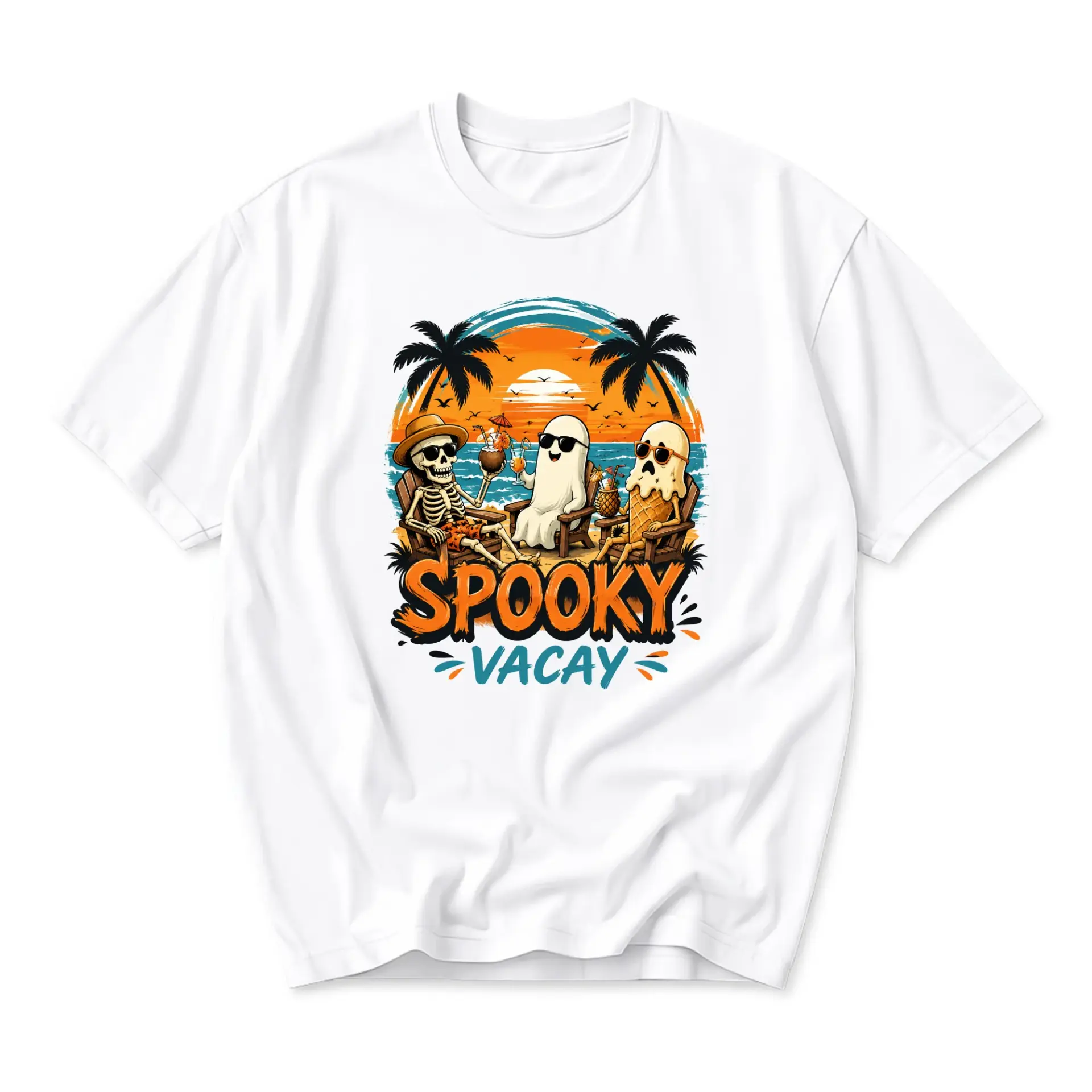 Graphic Tee Spooky Vacay Tropical Skeleton Ghost Beach Summer Unisex Crew Neck Cotton Blend Casual Short Sleeve Shirt