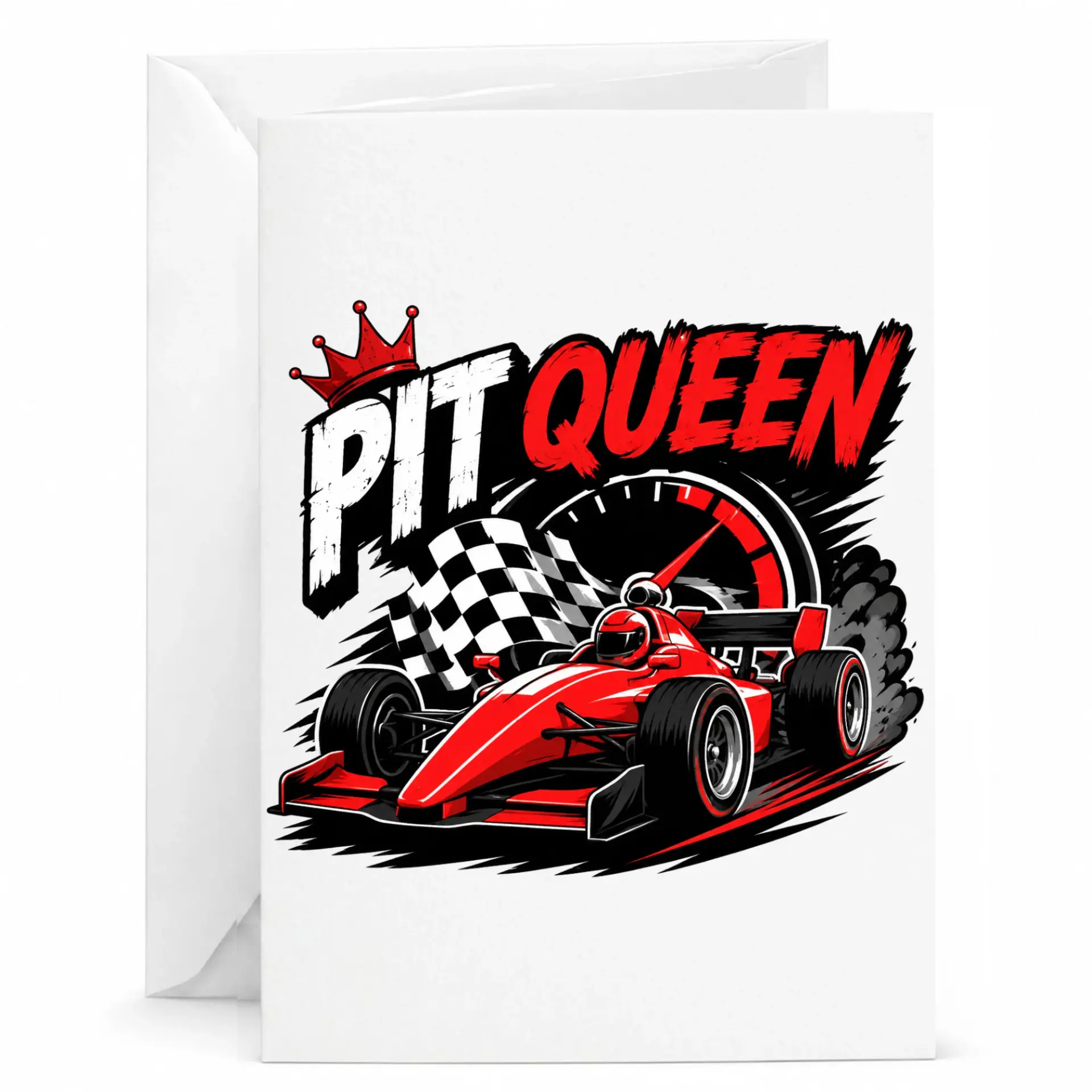 Funny Pit Queen Greeting Card Racing Theme Stationary for Motorsport Lovers with Professional Red Race Car Artwork