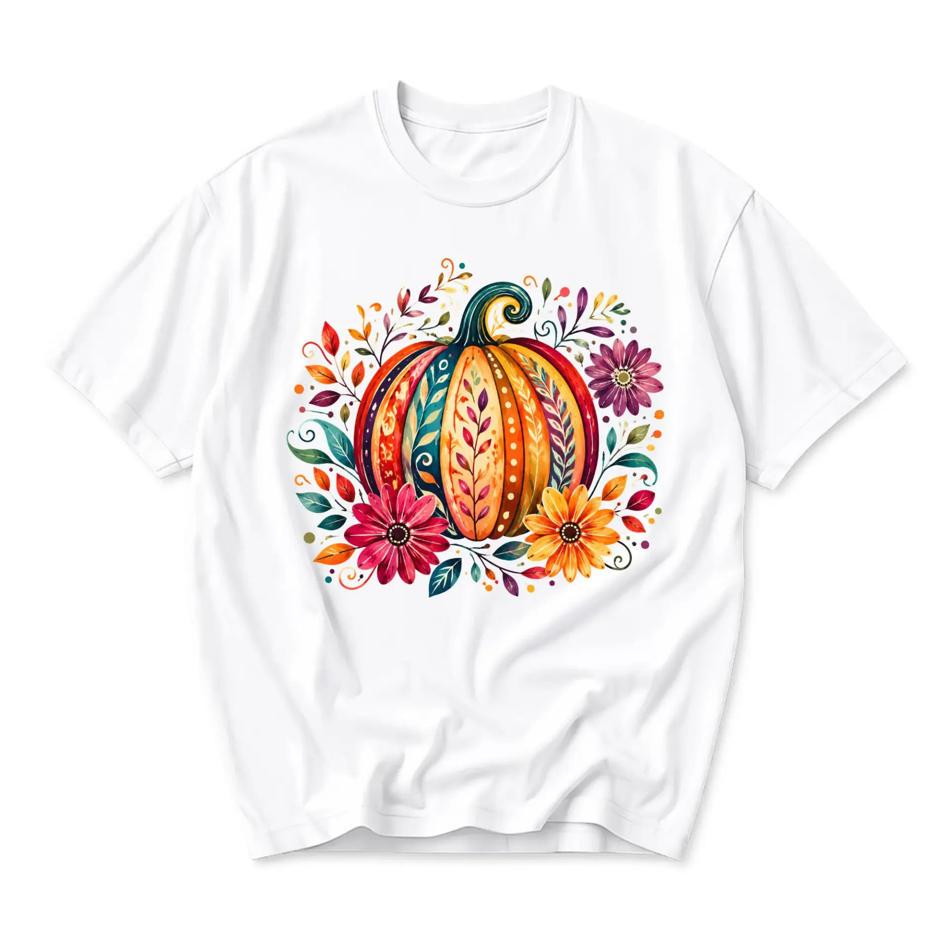 Graphic Tee Unisex Pumpkin Floral Autumn Harvest Art Print Crew Neck Casual Soft Cotton Blend Everyday Summer Shirt
