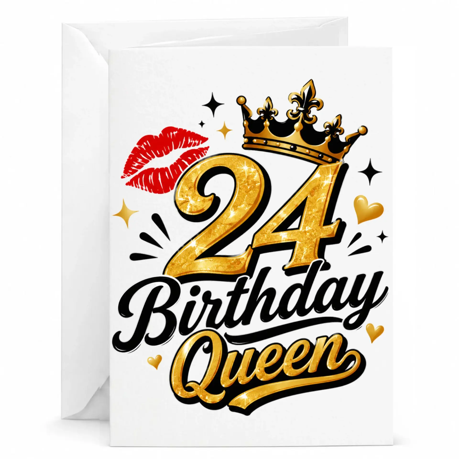 Birthday Card 24th Birthday Queen Gold Glitter Crown Design for Her Stylish Illustrated Greeting Card with Envelope