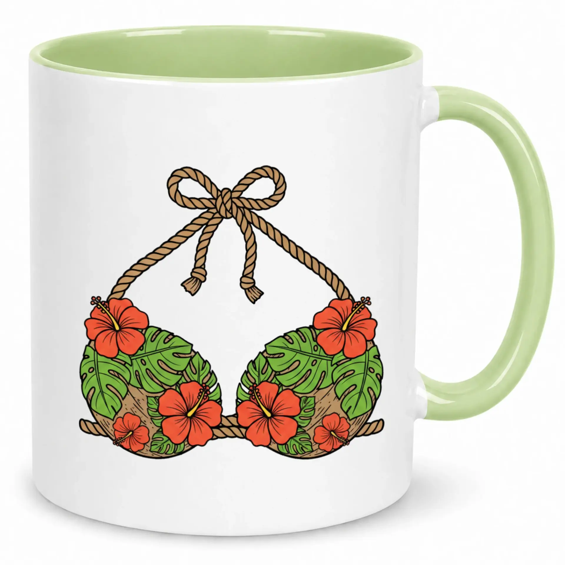 Tropical Bikini Top Ceramic Coffee Mug with Hawaiian Hibiscus Floral Design, Novelty Summer Beach Vacation Tea Cup Gift Drinkware