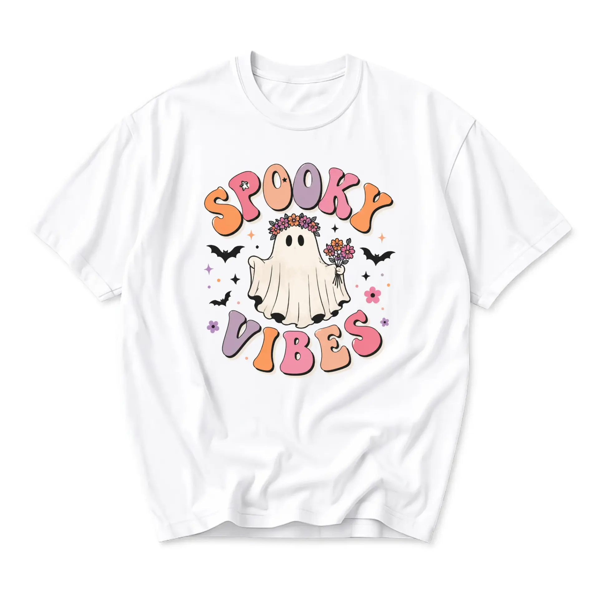 Graphic Tee Spooky Vibes Ghost Shirt Retro Floral Aesthetic Unisex Crew Neck Casual Cotton Blend Short Sleeve Top