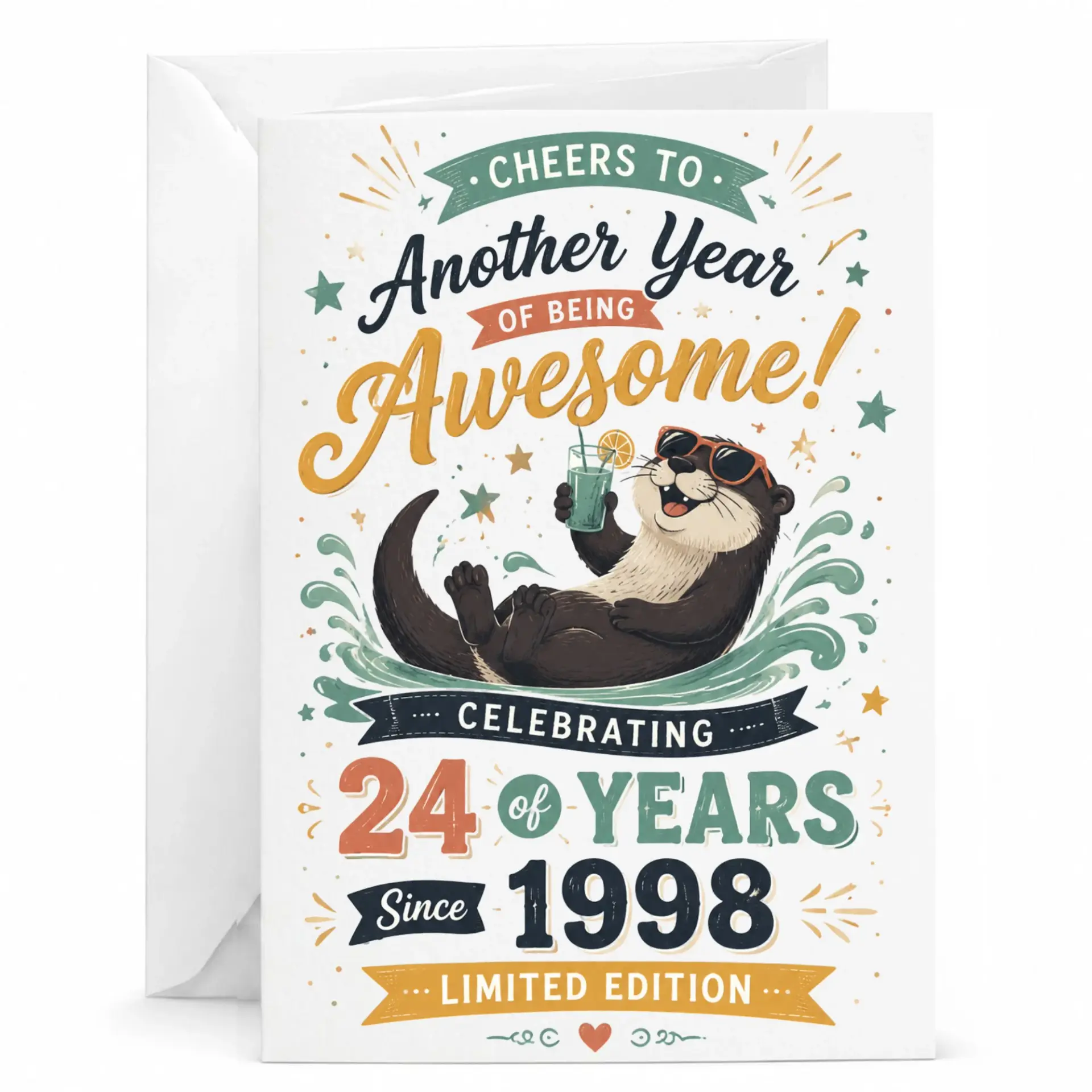 Birthday Card Funny Otter Theme Celebrating 24 Years Since 1998 Limited Edition Greeting Card for Milestone Birthday