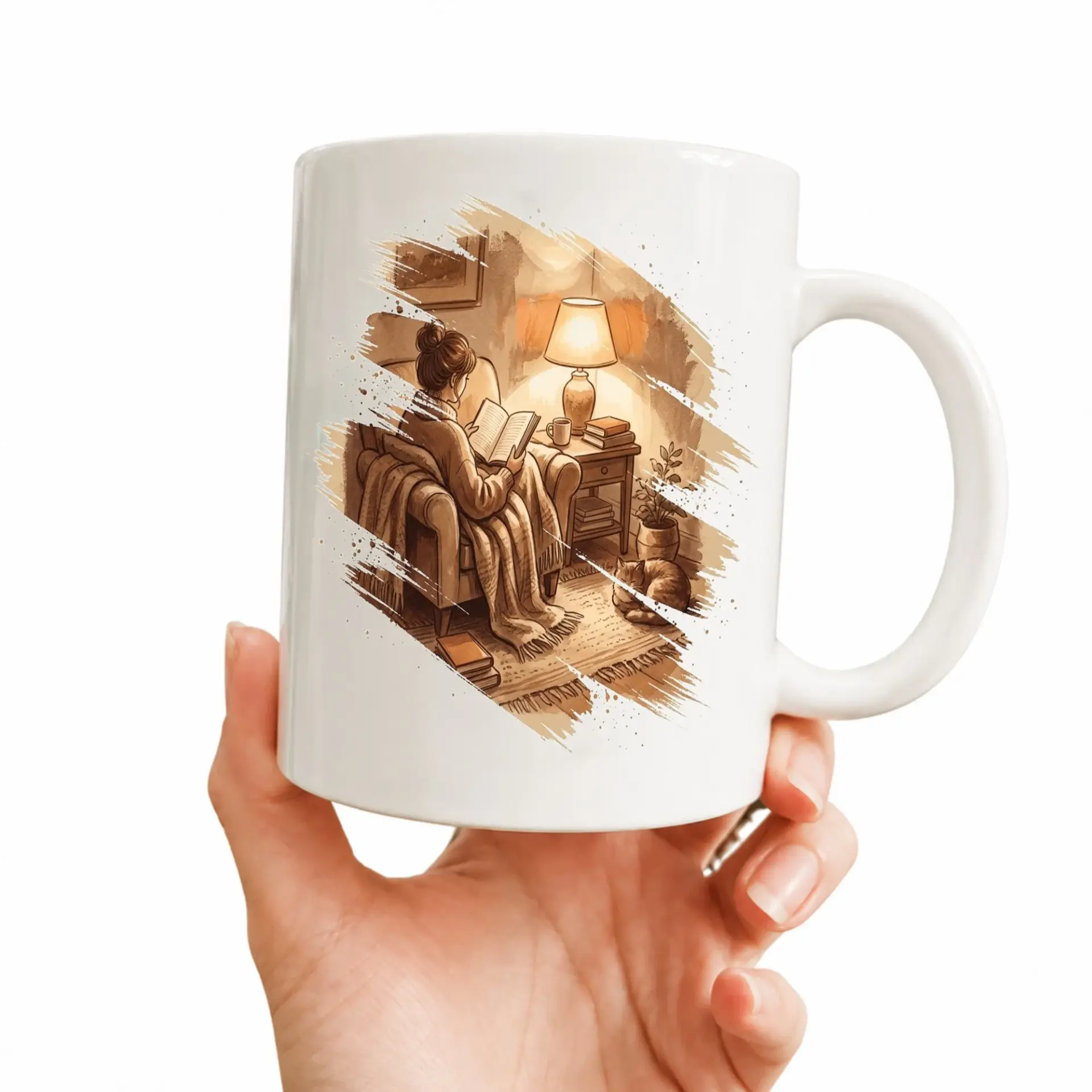 Reading Illustration Coffee Mug Featuring a Person in a Chair with a Cat Comfortable Room Setting