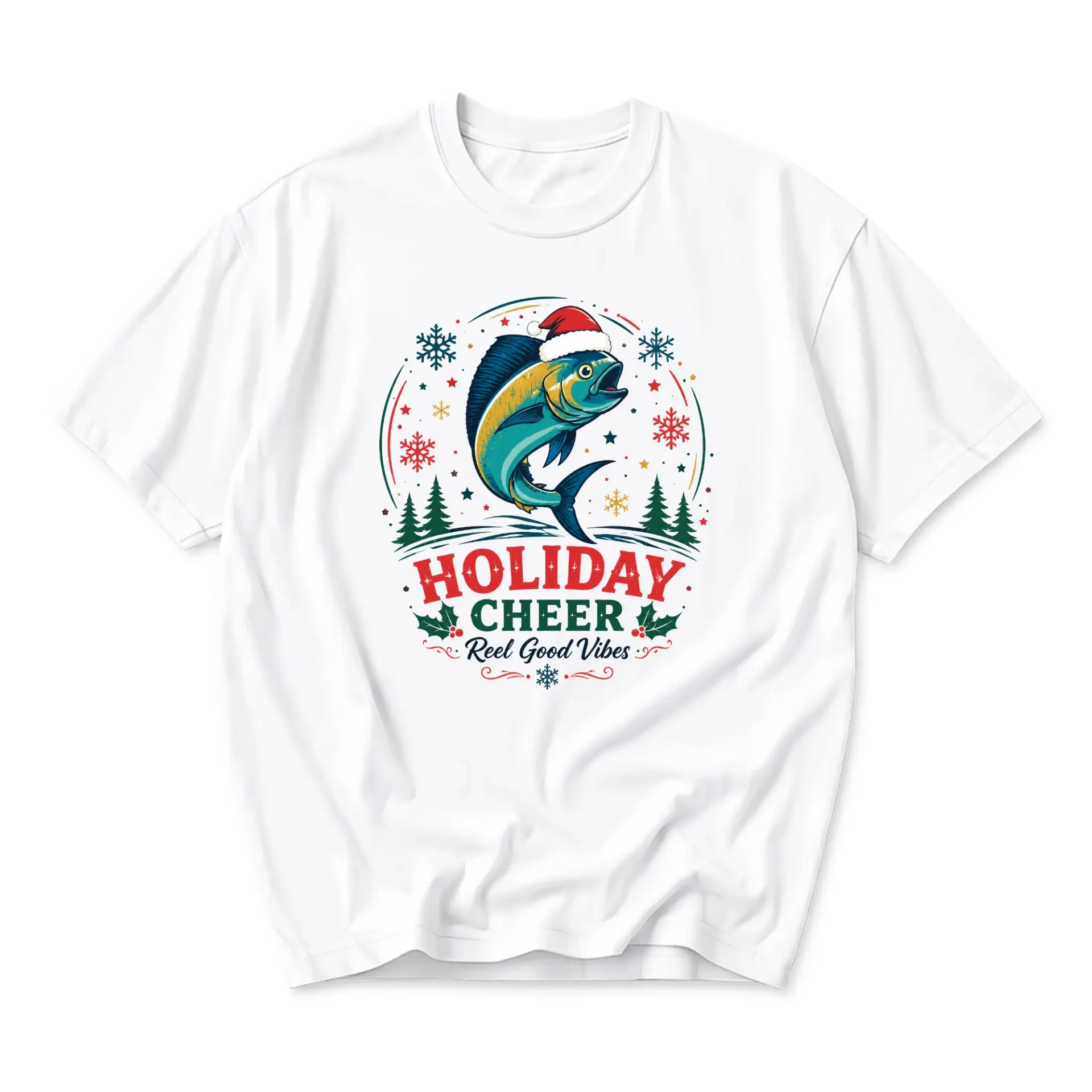 Graphic Tee Holiday Cheer Reel Good Vibes Fishing Shirt Festive Seasonal Unisex Crew Neck Short Sleeve Shirt