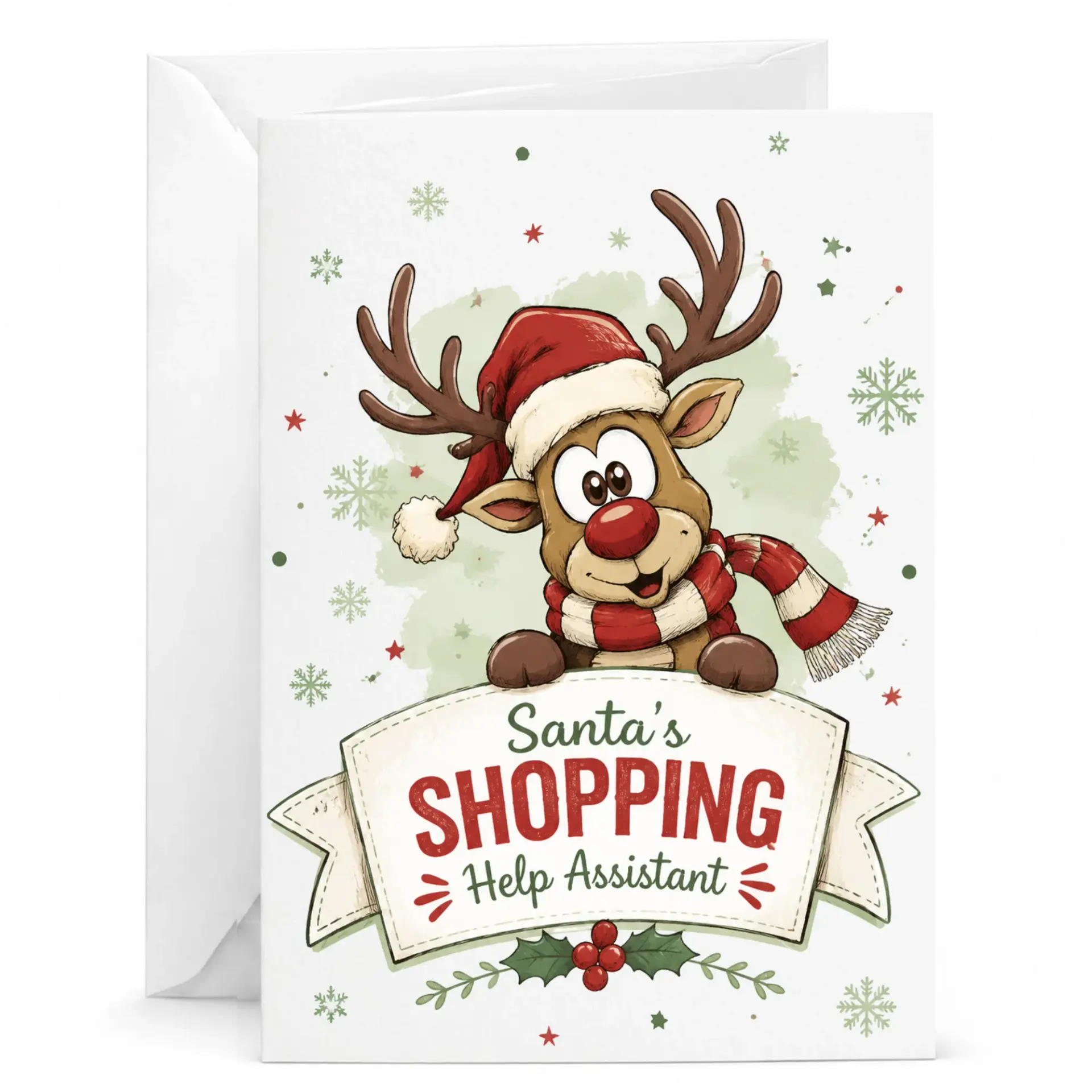 Funny Reindeer Santa's Shopping Help Assistant Holiday Greeting Card with Envelope for Seasonal Gift Giving