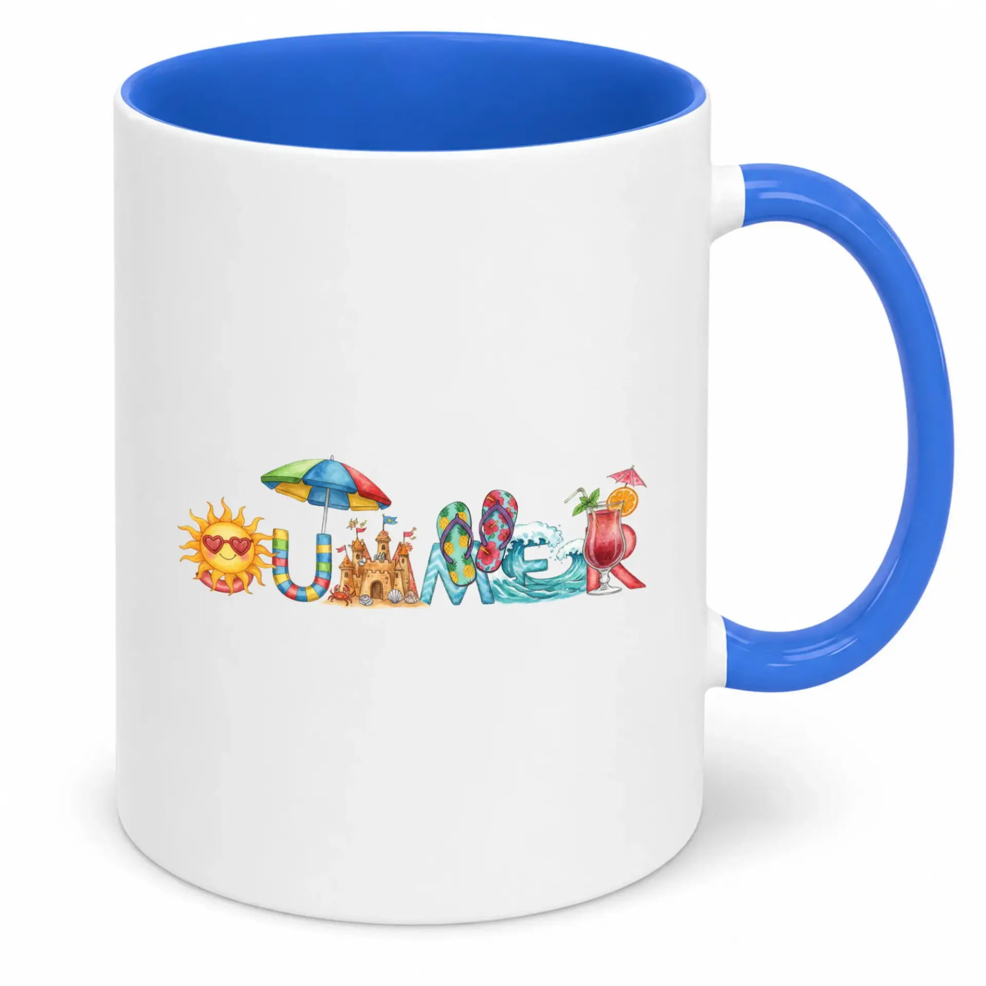 Summer Beach Vacation Ceramic Coffee Mug 11oz or 15oz, Fun Tropical Seasonal Drinkware Cup for Home Kitchen Office Desk, Blue Handle
