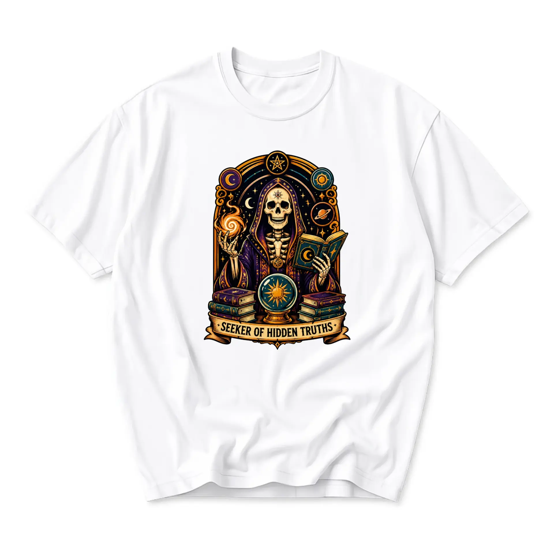 Graphic Tee Seeker of Hidden Truths Skeleton Occult Design Unisex Crew Neck Short Sleeve Cotton Casual Apparel